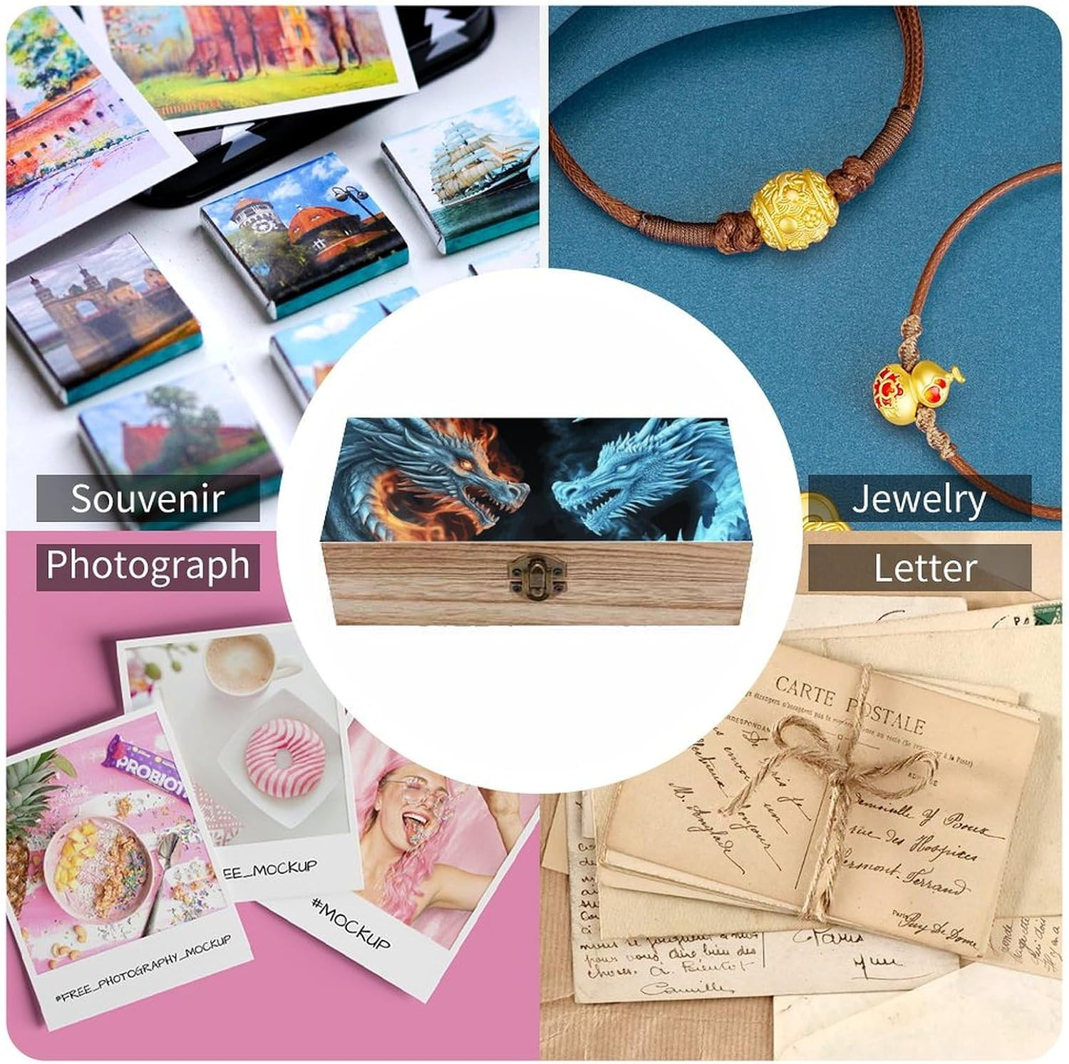 Ice and Fire Dragons Wooden Box Wood Wedding Keepsake Boxes with Lids Small Decorative Boxes Lightweight Wooden Memory Storage Box for Crafts Keepsakes Jewelry Photo Letter Storage image number 2