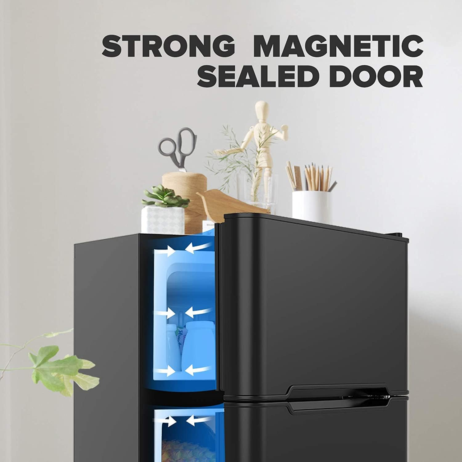 Advwin 90L Bar Fridge, Mini Fridge Freezer Double Doors Independent Temperature Control Portable Bar Home Office Commercial Refrigerator for Cola Beer Beverage Black