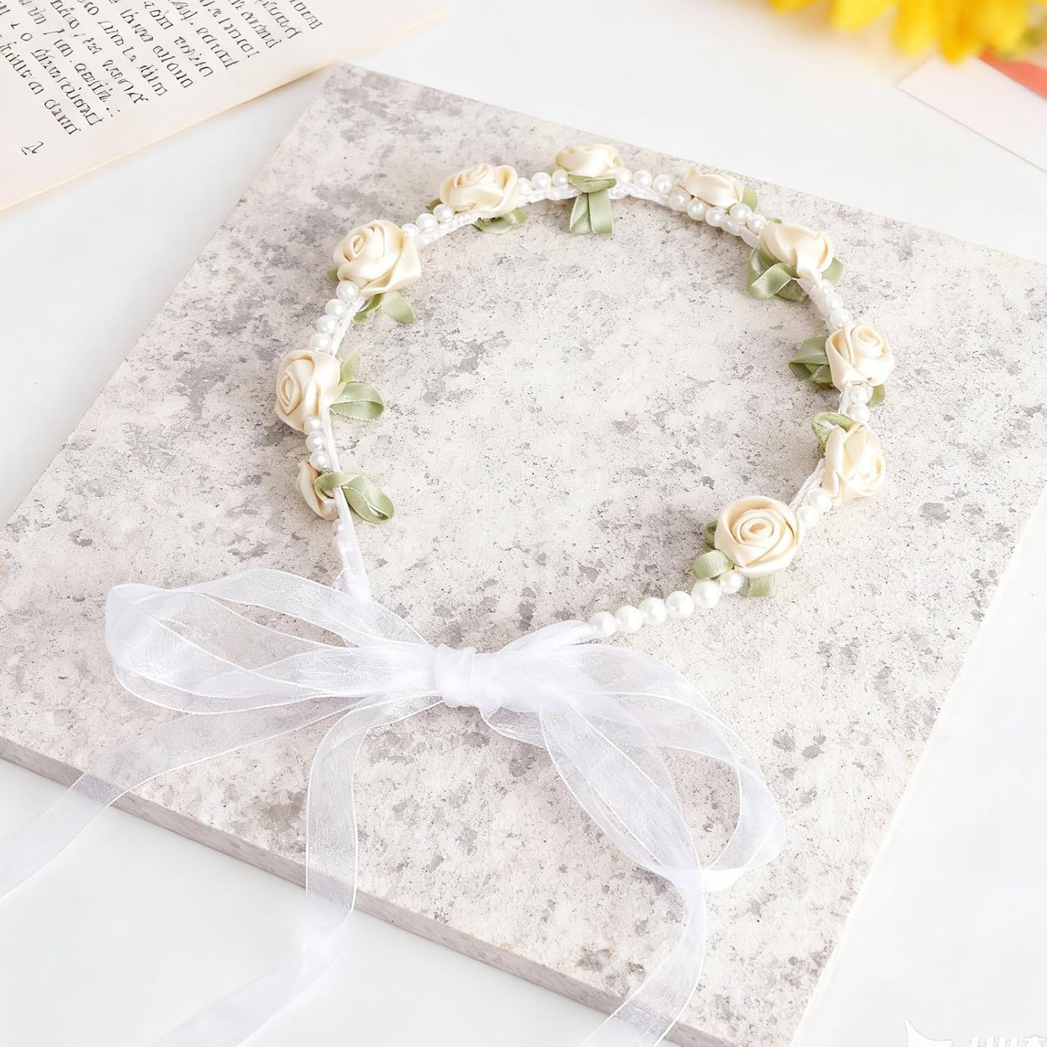 VOSSOT Set of 2 Flower Wreath Hair Band Set with Pearls Flower Headband Pink & Cream Flower Hair Wreath for Wedding, Oktoberfest, Dirndl, Party, Photo Shooting image number 6