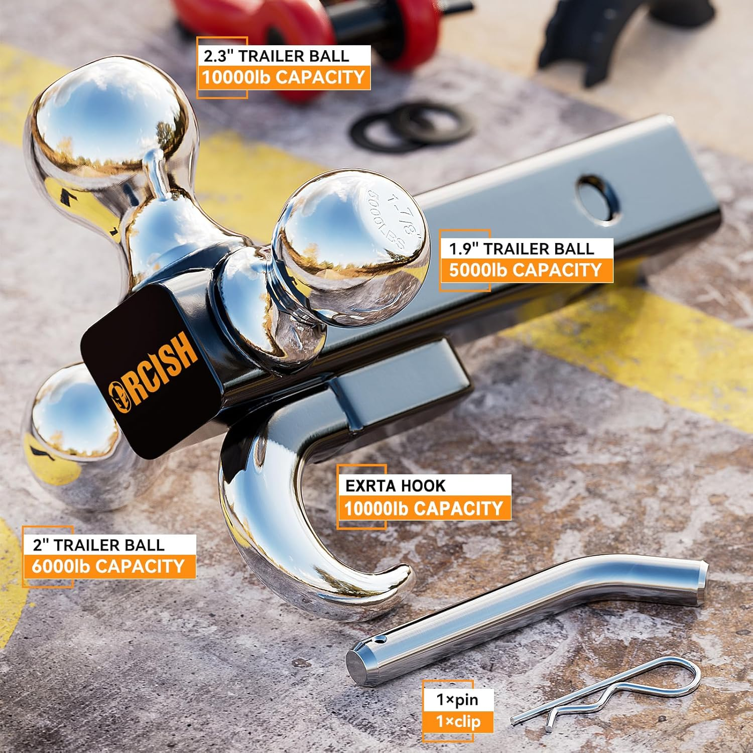ORCISH Trailer Hitch Tri-Ball Mount with Hook & Pin, Trailer Ball Size 1-7/8", 2" and 2-5/16", Fit 2 Inch Hitch Receiver, 2/3 in 1 Ball Truck Hitch, Tow Hitch
