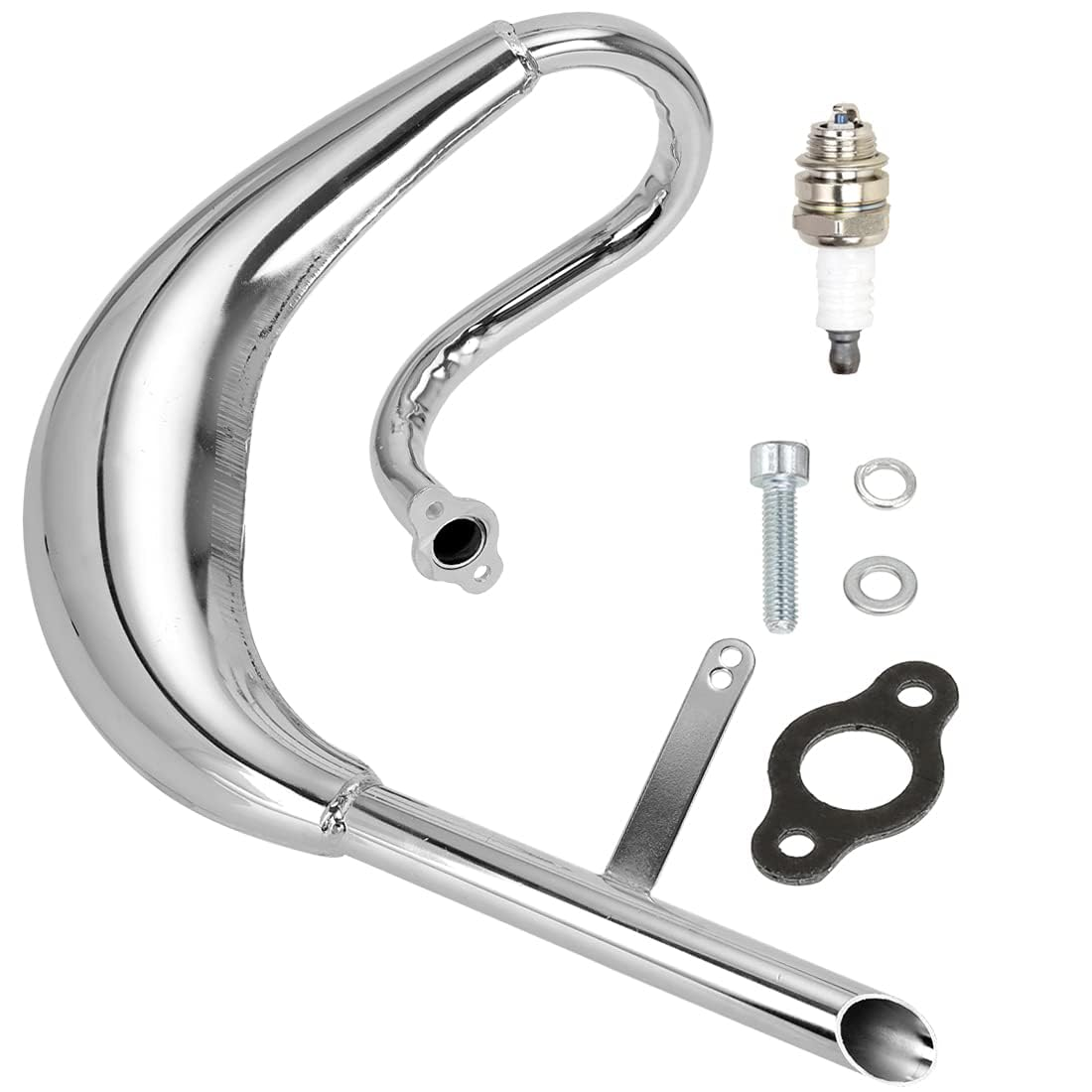 FVRITO Performance Chrome Exhaust Muffler Expansion Chamber Pipe Silencer Gasket for 2 Stroke 50Cc 66Cc 80Cc 100Cc Engine Gas Motorized Bicycle Motor Bike Silver image number 1