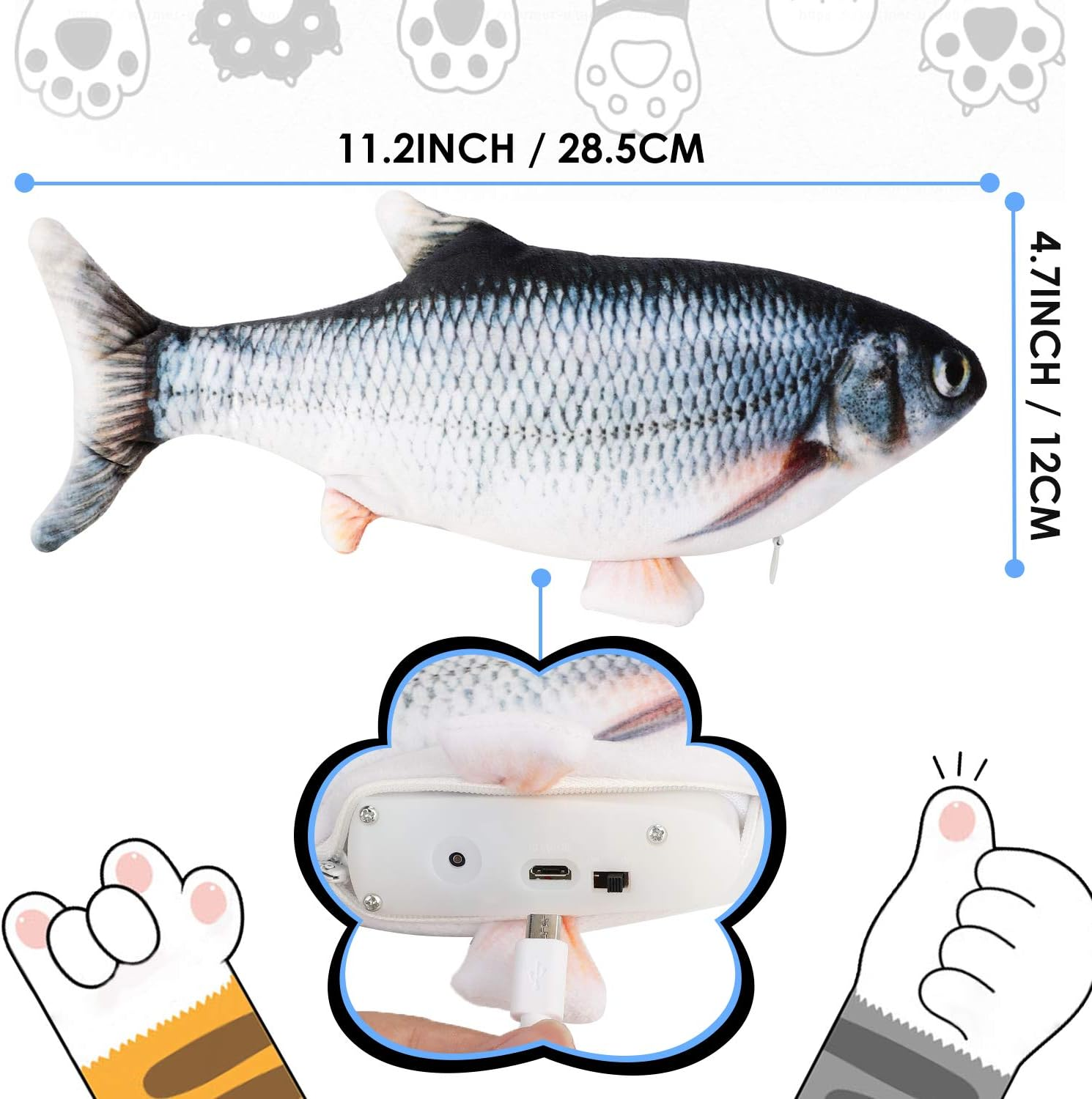 Ruolan Tiny Tuna Cat Toy, Electric Floppy Fish Catnip Kicker, Moving Realistic Plush Simulation Wagging Toy, Motion Kitten Toy, USB Charged (1PCS, Blue) image number 4