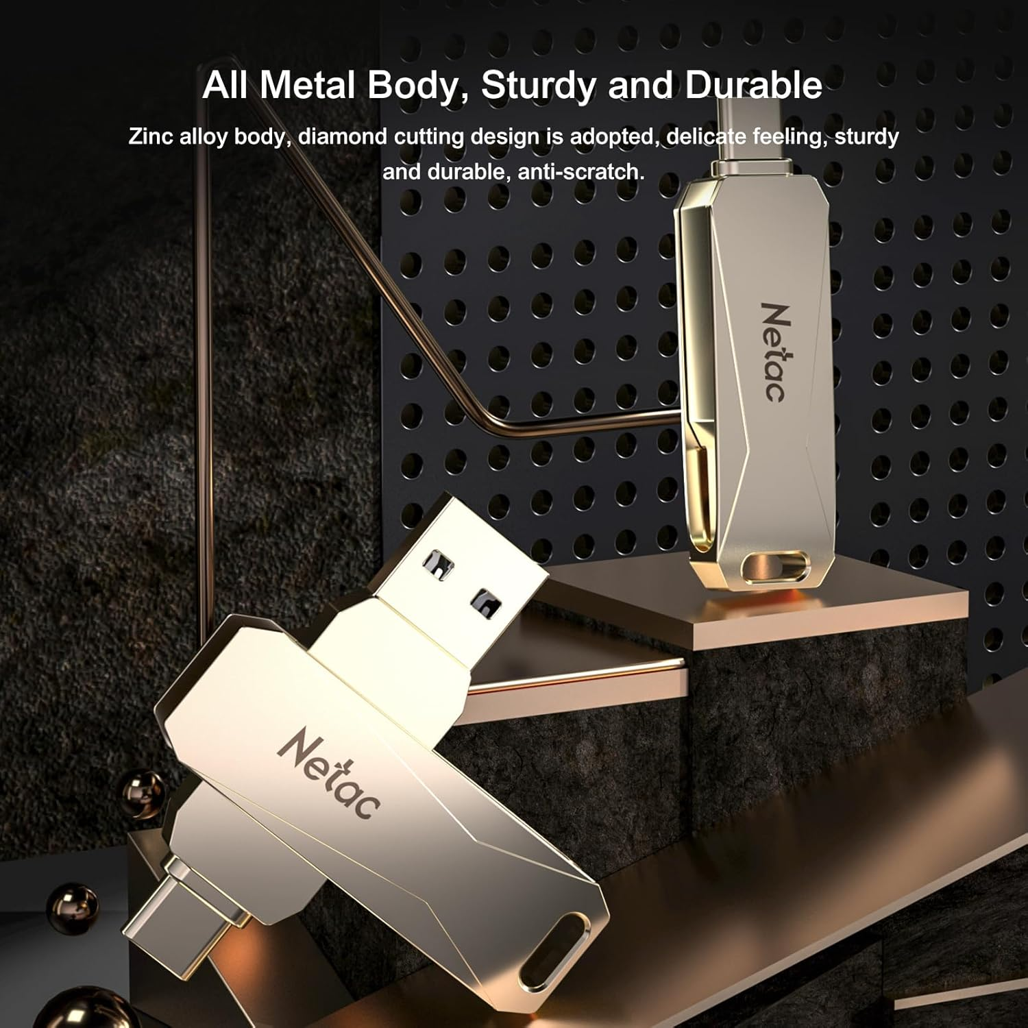 Netac U782C 64GB USB Memory 2In1 USB 3.1/3.0 and Type-C External Flash Drive High-Capacity Small 360&deg;Rotatable for Smartphones Mac Windows PC Pad Compatible Portable Alloy image number 3