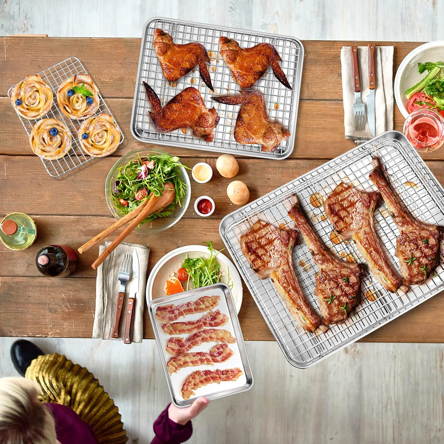 P&P Chef Baking Sheet and Rack Set, 6 Pack (3 Sheets + 3 Racks), 3 Sizes Stainless Steel Baking Pans Cookie Sheets with Cooling Racks for Cooking & Roasting, Oven & Dishwasher Safe, Healthy & Durable image number 2