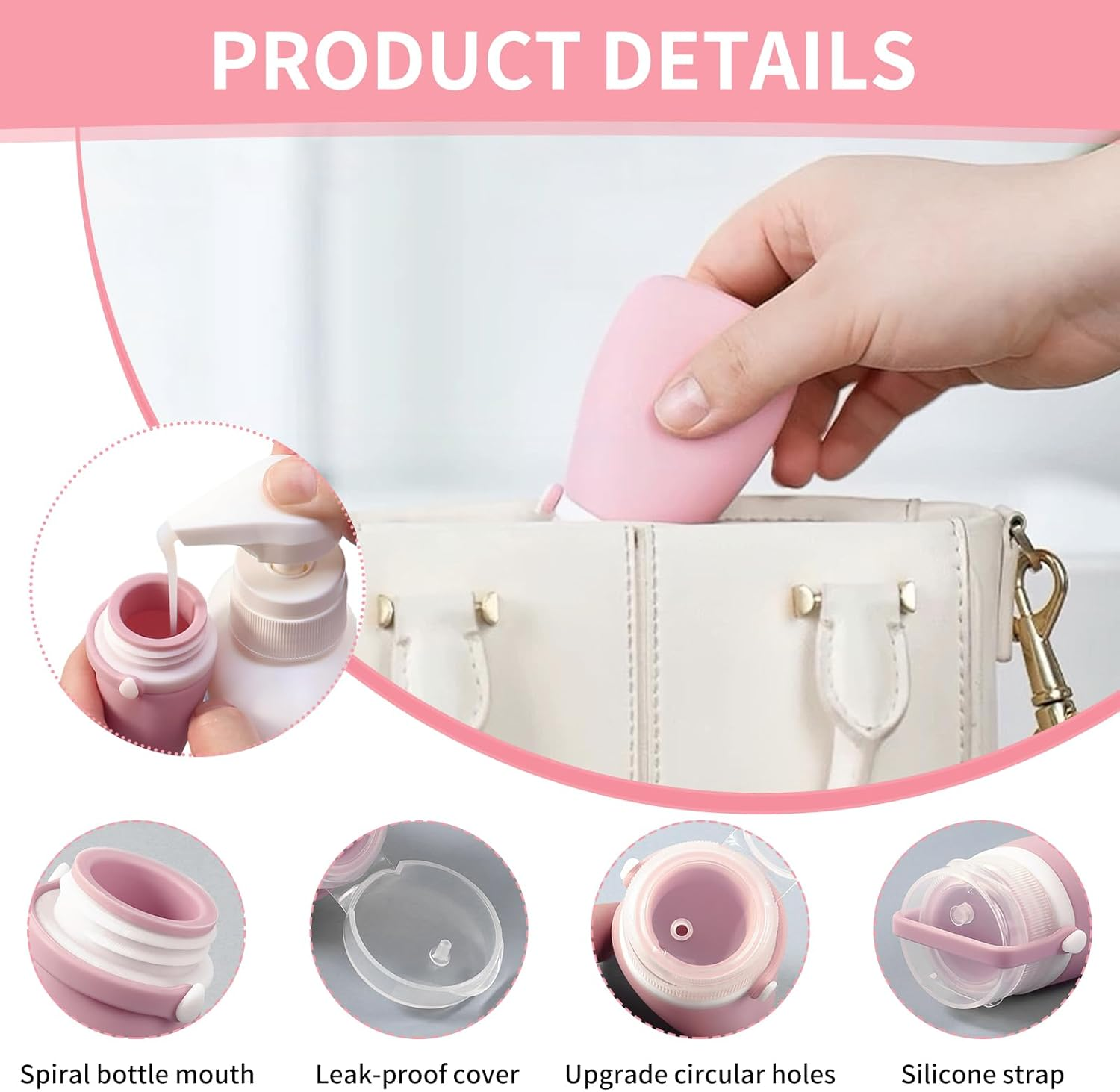 Starfa Lab 4 Pack 1Oz Silicone Travel Bottles Leak Proof Squeeze Bottles for Toiletries Shampoo Conditioner Lotion Salad Dressing Travel Size Containers, Light Pink, Dark Pink, Green, White image number 6