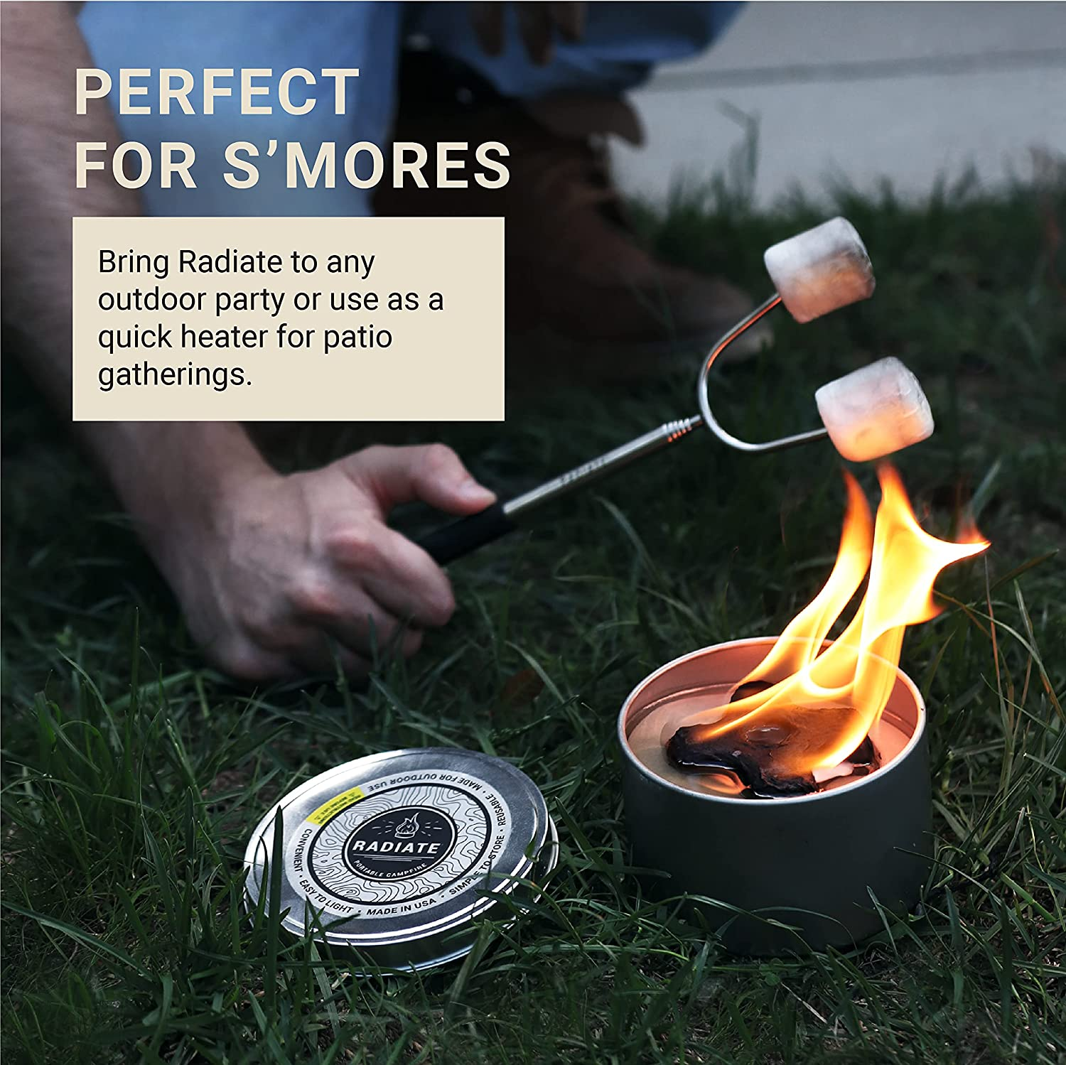 Radiate 2-Pack Portable Tabletop Firepit Campfire in a Can - 4" White Modern - 2 Hours Warmth & Burn Time - Soy Wax Portable Fire - Lightweight Camping Fire & Safe Tabletop Firepit