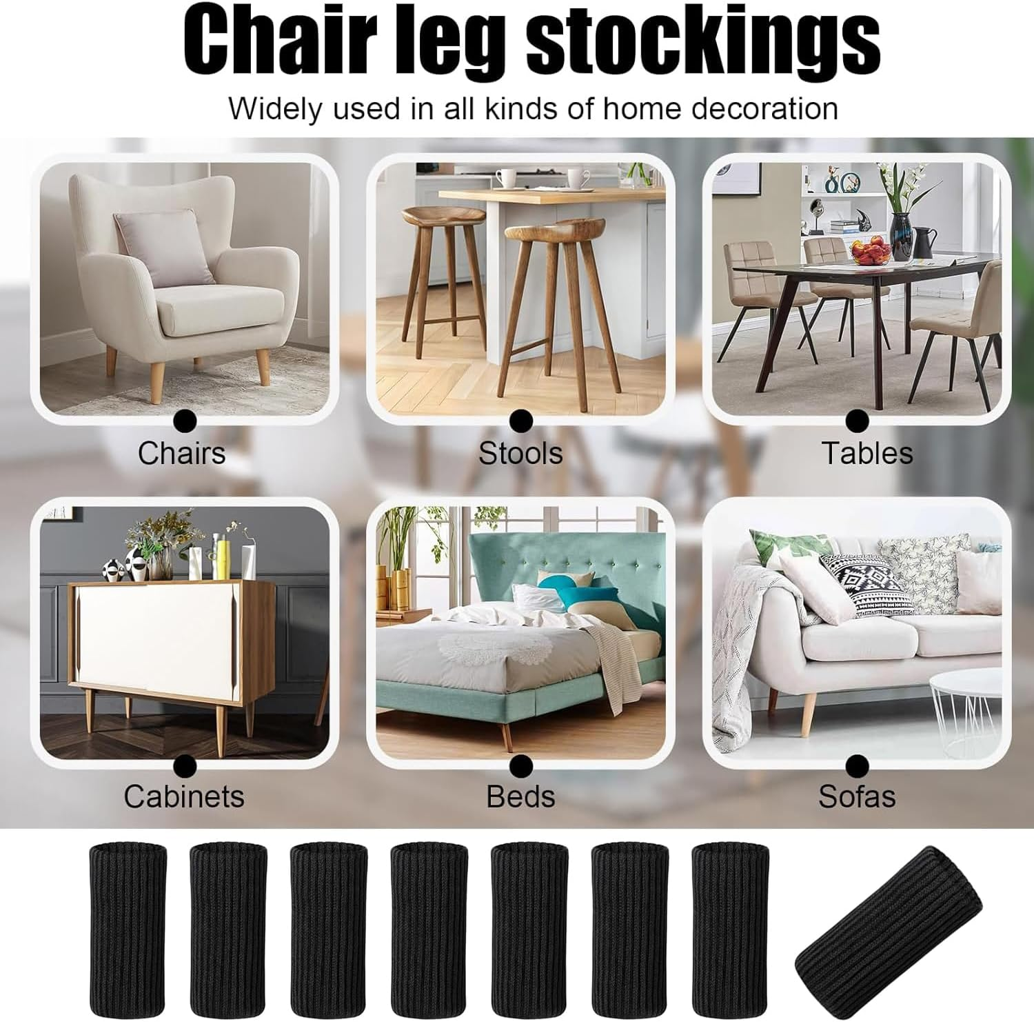 24 Pcs Knitted Chair Leg Socks Protectors, Furniture Leg Cover, Wood Floor Protectors, Chair Leg Covers Caps, Elastic Chair Leg Feet Covers for Hardwood Floor (Black) image number 6