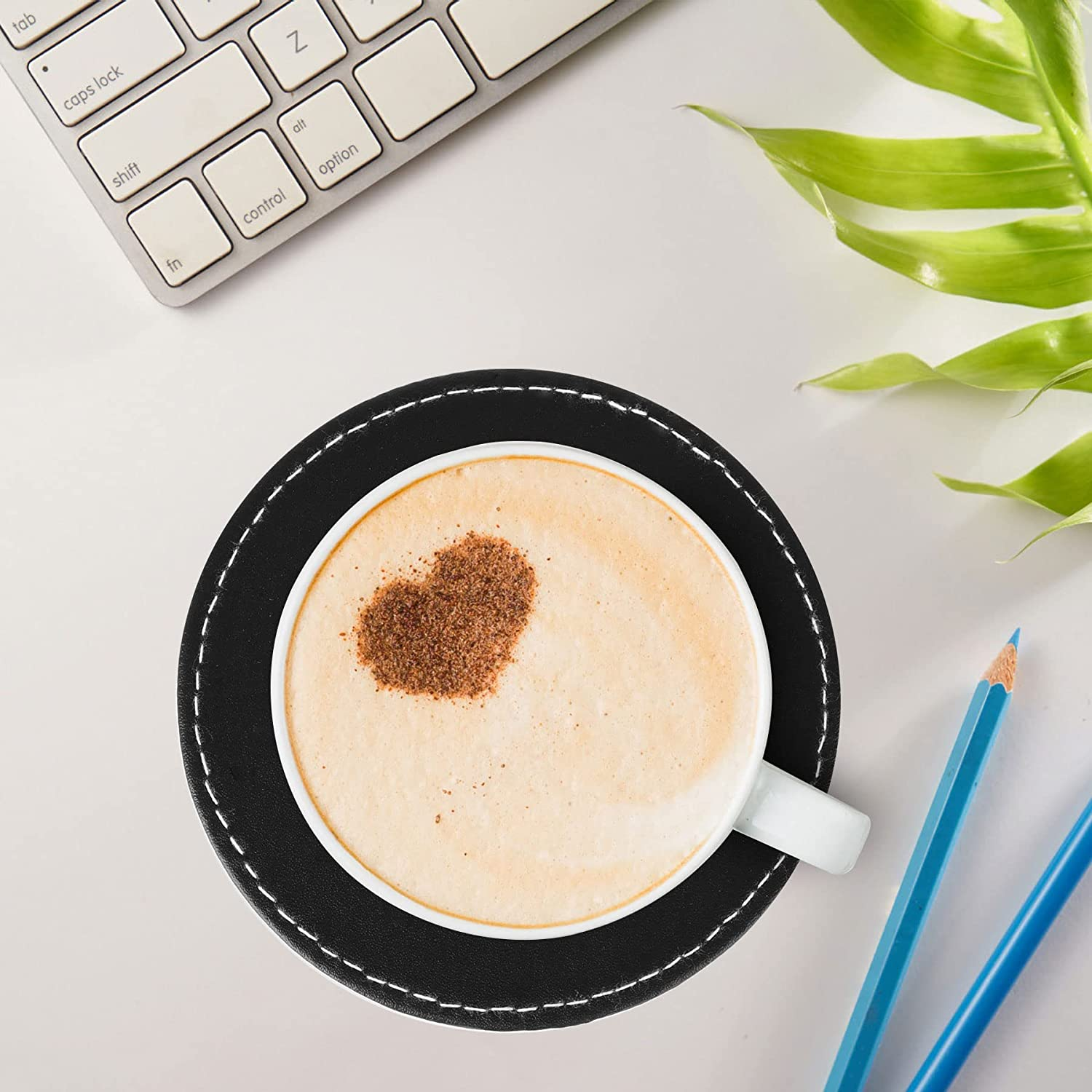 CARLWAY Set of 6 Leather Drink Coasters round Cup Mat Pad for Home and Kitchen Use Black, 3.94", 10Cm, image number 5