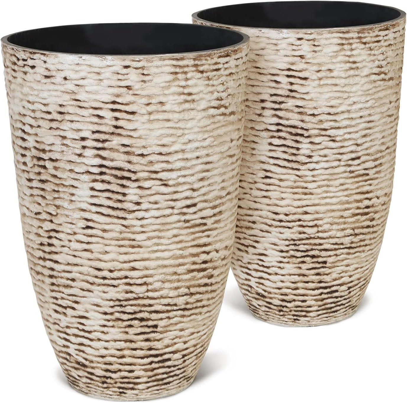 Worth Garden 9 Gallon Tall round Planters Set of 2-14" Dia X 21" H Tree Pots for Outdoor Plants - Large Imitation Stone Finish Flower Pots Indoor Decorative Container Garden Patio Unbreakable Beige