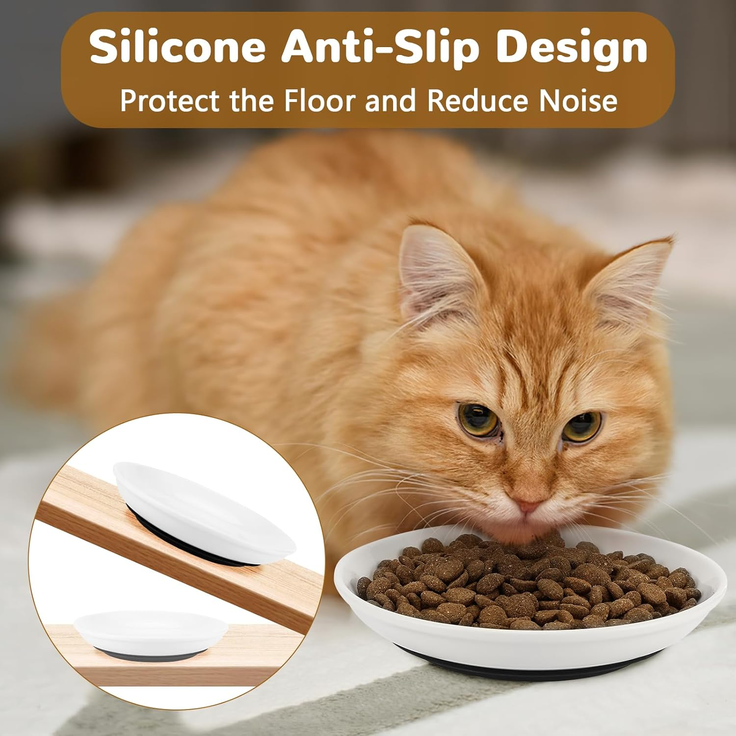 Ceramic Cat Bowl, Pack of 3 Cat Bowls, Flat with Non-Slip Silicone Base, Feeding Bowl for Cat from Whiskers Fatigue, Feeding Bowls for Cats, Kittens, Dogs image number 1