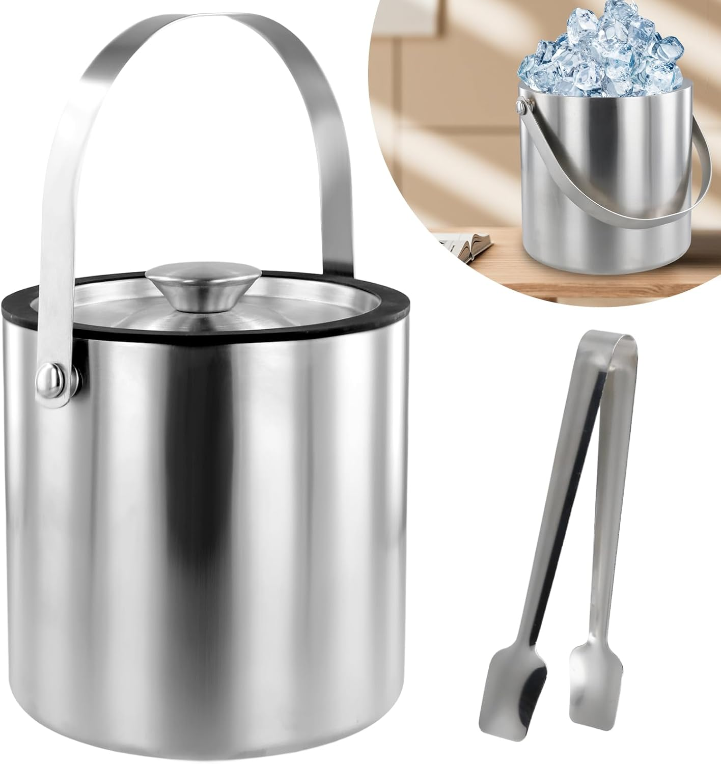 Ice Bucket with Lid Strainer Tong,2Qt Double Walled Stainless Steel Insulated Ice Bucket Container,Good Sealing Ice Cube Bucket with Cover for Chilling Beer Cocktail Bar Parties image number 6
