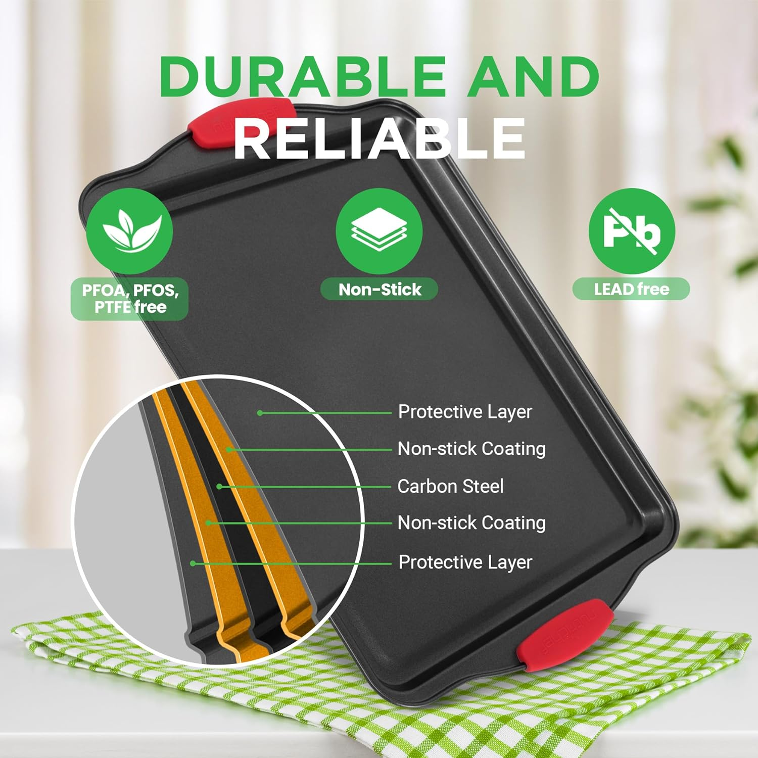 Nutrichef 3 Pc Baking Trays, Cookie Sheet, Nonstick Oven Tray Set, Carbon Steel Baking Sheets, Bakeware Set with Red Silicone Handles, Includes Small, Medium, and Large Sheet Pans image number 3