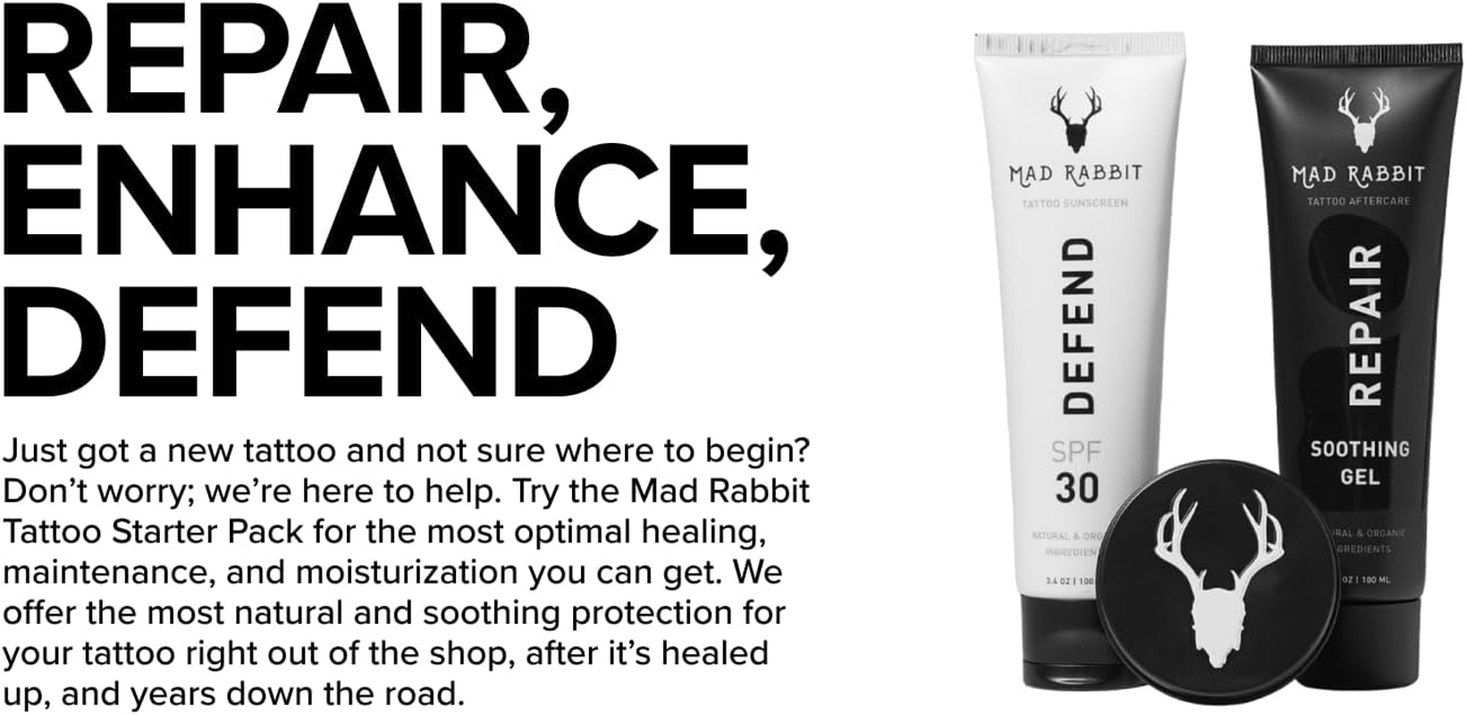 Mad Rabbit Tattoo Care Bundle Kit (3-Piece) Repair Soothing Gel, Enhance Balm & Defend SPF 30 Sunscreen - Full Coverage Tattoo Care Kit for New & Current Tattoos image number 6