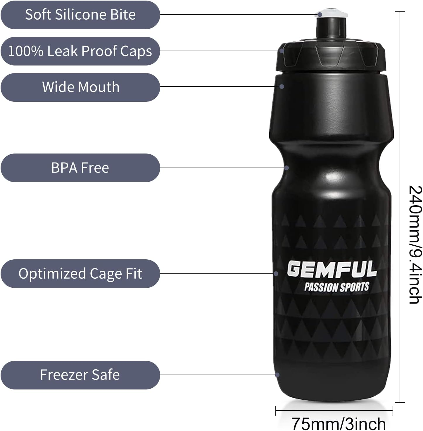 GEMFUL Bike Water Bottle with Holder Combo Lightweight 750 Ml 24Oz Cycling Bottles and Cage for MTB Rode for Road MTB Bicycle (Black) - Black With Cage image number 2