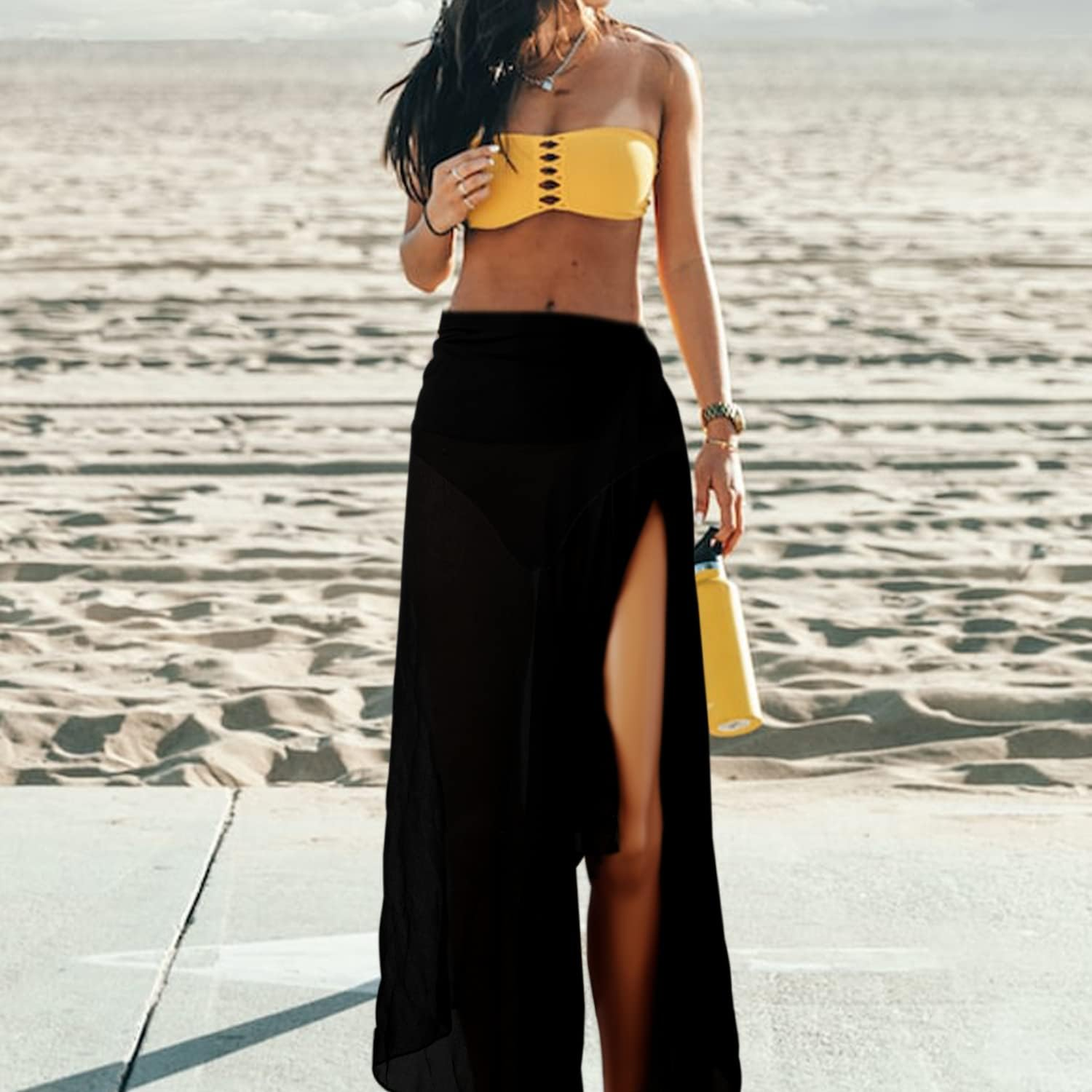 LUTER Women Beach Sarong, Stylish Wrap Pareo with Tassel Soft Swimsuit Cover up Skirt Sarong Wrap for Women Summer Beach (Black), Black, M image number 2