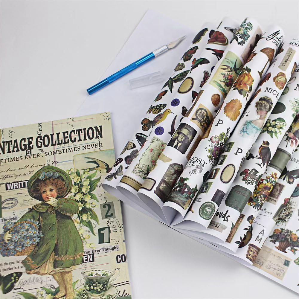 Diuhofart Vintage Scrapbooking Sticker Book for Adults - 800+ Washi Journaling Stickers Ephemera Book for Junk Journal Supplies DIY Crafts Arts Decorative 24 Sheets - Blue Vintage Collection Book image number 2