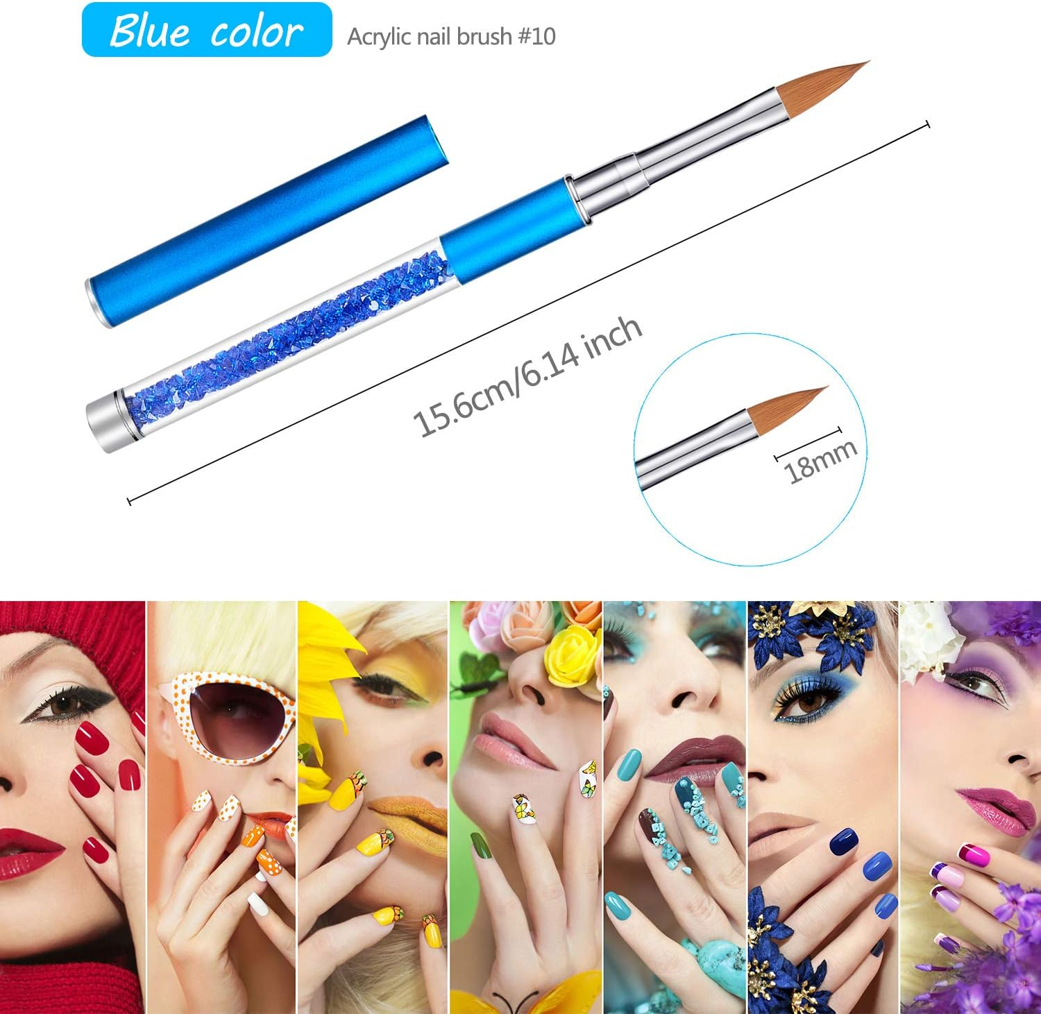 5 Pieces Rhinestone Nail Brush Set Metal Handle 3D Nail Art Brush Salon Using Acrylic Manicure Brush, Size 4, 6, 8, 10, 12