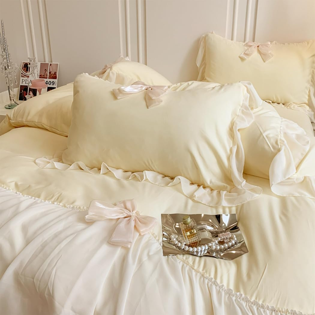 Lace Ruffled Bedding Bow Duvet Cover Set with Butterfly Tie, Soft Brushed Microfiber Shabby Chic Bedding Set with Zipper Closure-Yellow,Queen Size image number 5