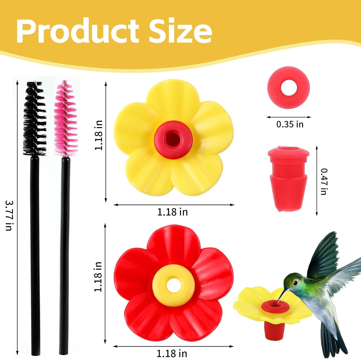 24 Pieces Hummingbird Feeders Replacement Flowers Pet Bird Feeder Replacement Feeding Ports with 2 Cleaning Brushes for Outdoor Hanging Feeders(Red+Yellow) image number 1