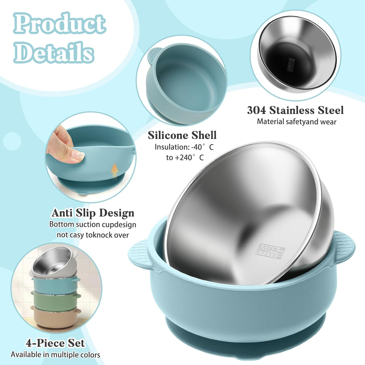 MR.TIMELAG Stainless Steel Baby Silicone Bowls - Double Ear Bowl Four Pack - Unbreakable, Non-Slip and Removable Silicone Base, anti Scald Food Container for Baby Food Feeding image number 4