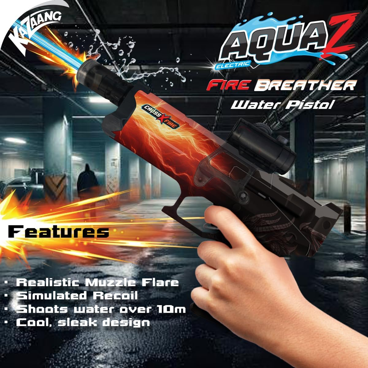 Kazaang Crossxfire Aquaz - the Original Fire Breather Electric Water Gun with LED Muzzle Flash, Automatic Water Gun Electric Dual Modes, Large Water Tank, Battery-Powered for Adults & Kids