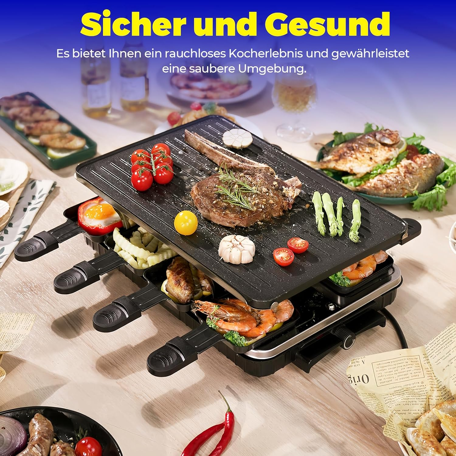 Leukoles Reversible Raclette Grill, Raclette for 8 Persons, 1300W Non-Stick Electric Grill with 8 Mini Raclette Cheese Pans & 1 Wooden Spatula, for Indoor Barbecuing in the Family image number 6