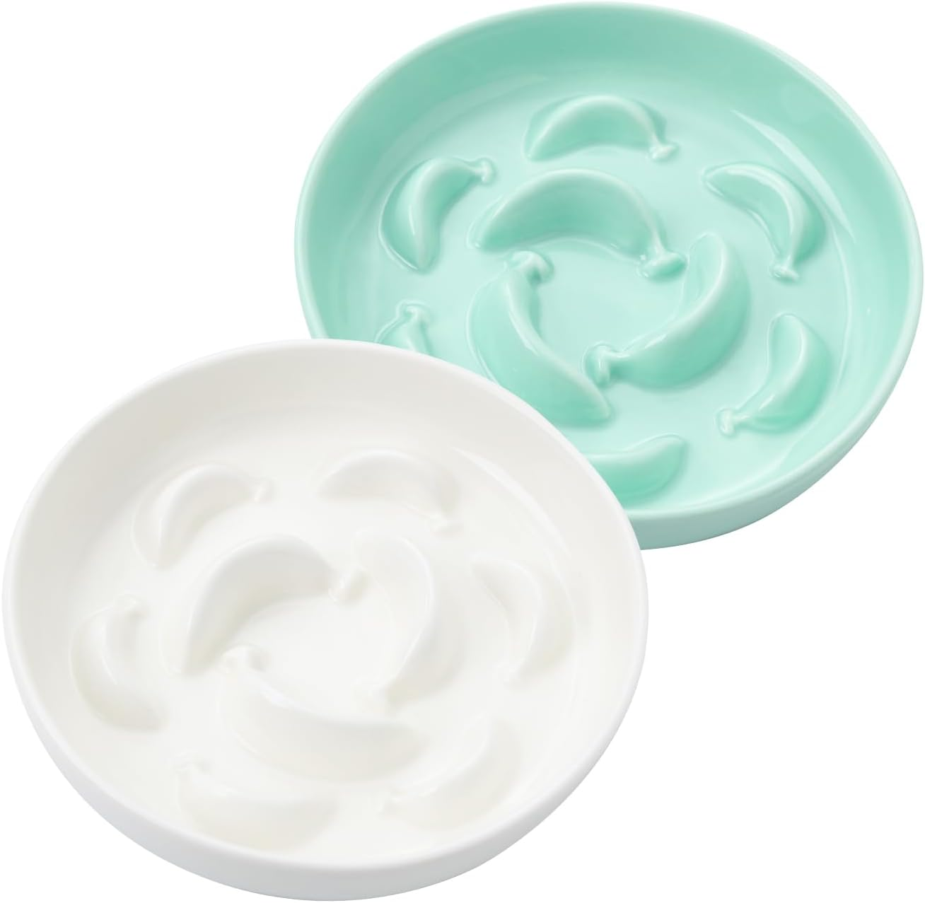 Cat Slow Feeder Bowl Set - 2 Pcs Ceramic Cat Food Plates for Slow Eating - Double Cat Dish for Dry Wet Food - Slow Feeding Cat Bowls Whisker Friendly - Microwave and Dishwasher Safe - White and Pink