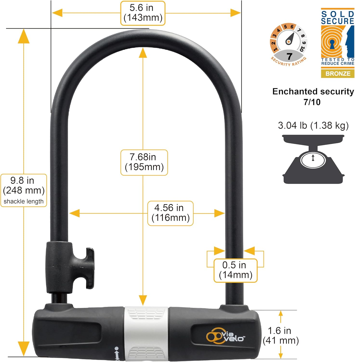 Bike U-Lock and Cable Combo 190X14Mm Ulock 1800X10Mm Cable via Velo Brand image number 3