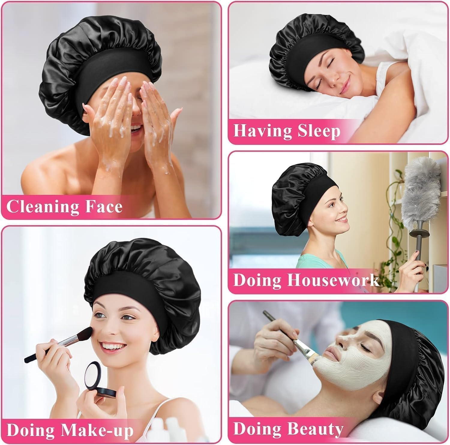 Mumoo Bear [2 Pcs] Satin Silk Hair Bonnet with Wide Elastic Band, Bonnet Silk Wrap for Sleeping, Soft Head Cover Sleep Hat Night Shower Cap for Women Men Curly Hair image number 2