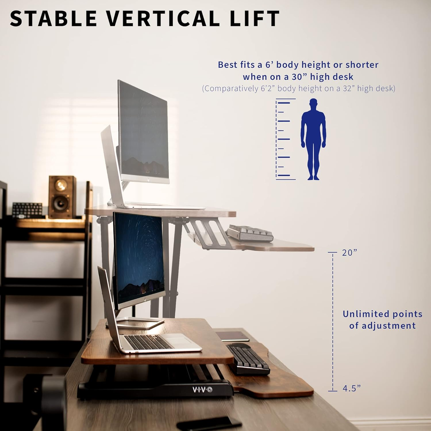 VIVO 81Cm Desk Converter, K Series, Height Adjustable Sit to Stand Riser, Dual Monitor and Laptop Workstation with Wide Keyboard Tray, Rustic Vintage Brown Top, Black Frame, DESK-V000KN - Gray image number 4