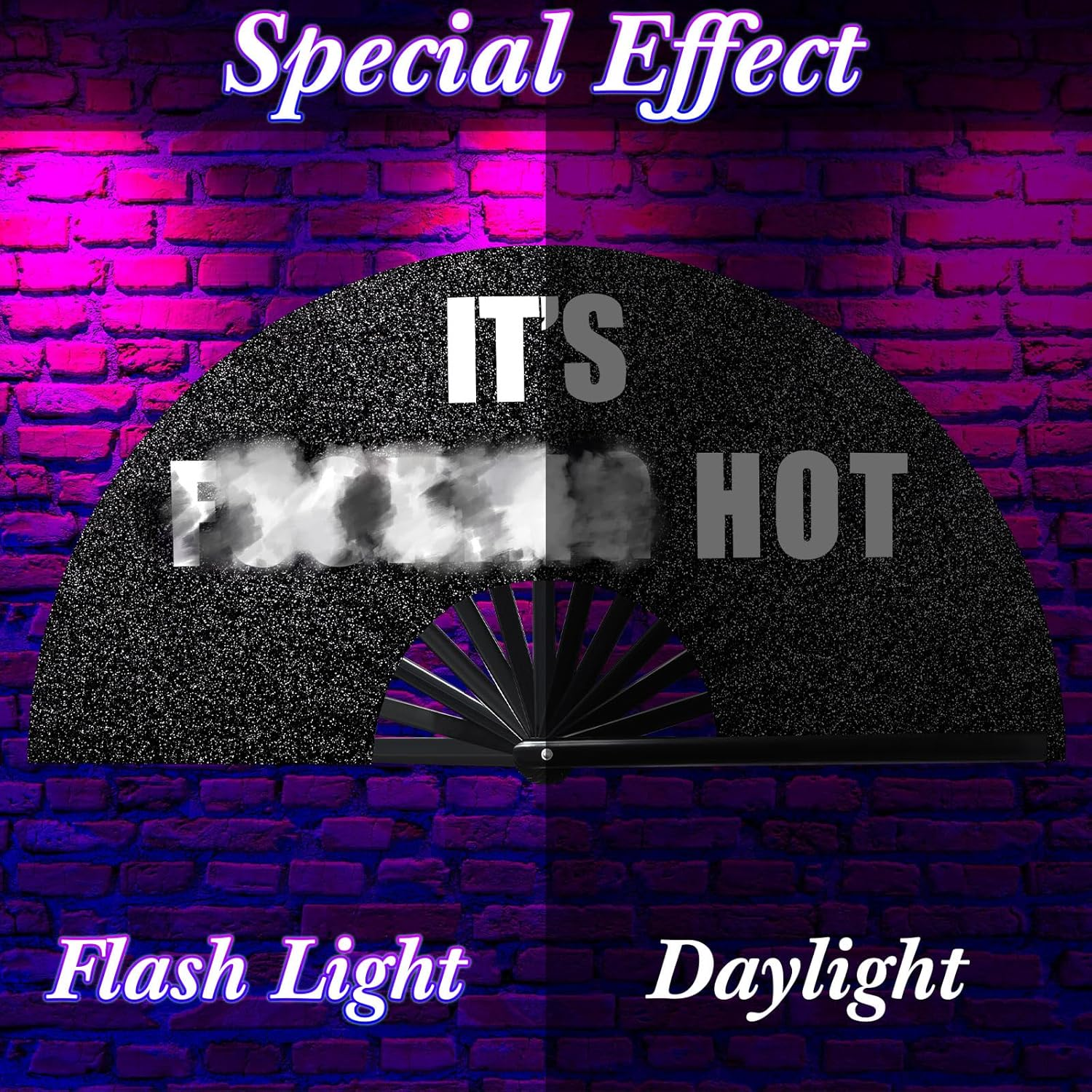 Ripeng 13'' Large Folding Fans for Line Dancing Glitter Large Rave Hand Fan Boots on the Ground Clack Rave Fan for Women with Leg Strap and Fabric Case Bag for Edm Music Party Decor(Black,Cool) image number 3