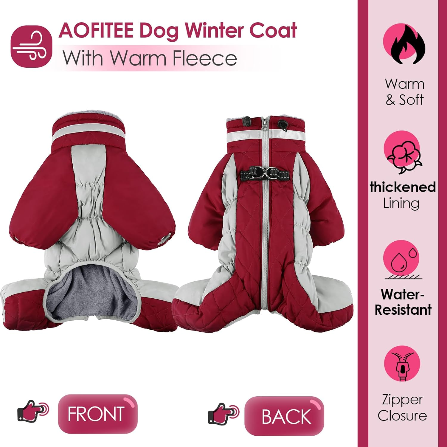 AOFITEE Full Body Dog Coat, Warm Fleece Dog Jacket, Windproof Dog Winter Coat with Harness, Reflective Dog Snowsuit, Four Leg Winter Puffer Coat for Small Medium Large Dogs