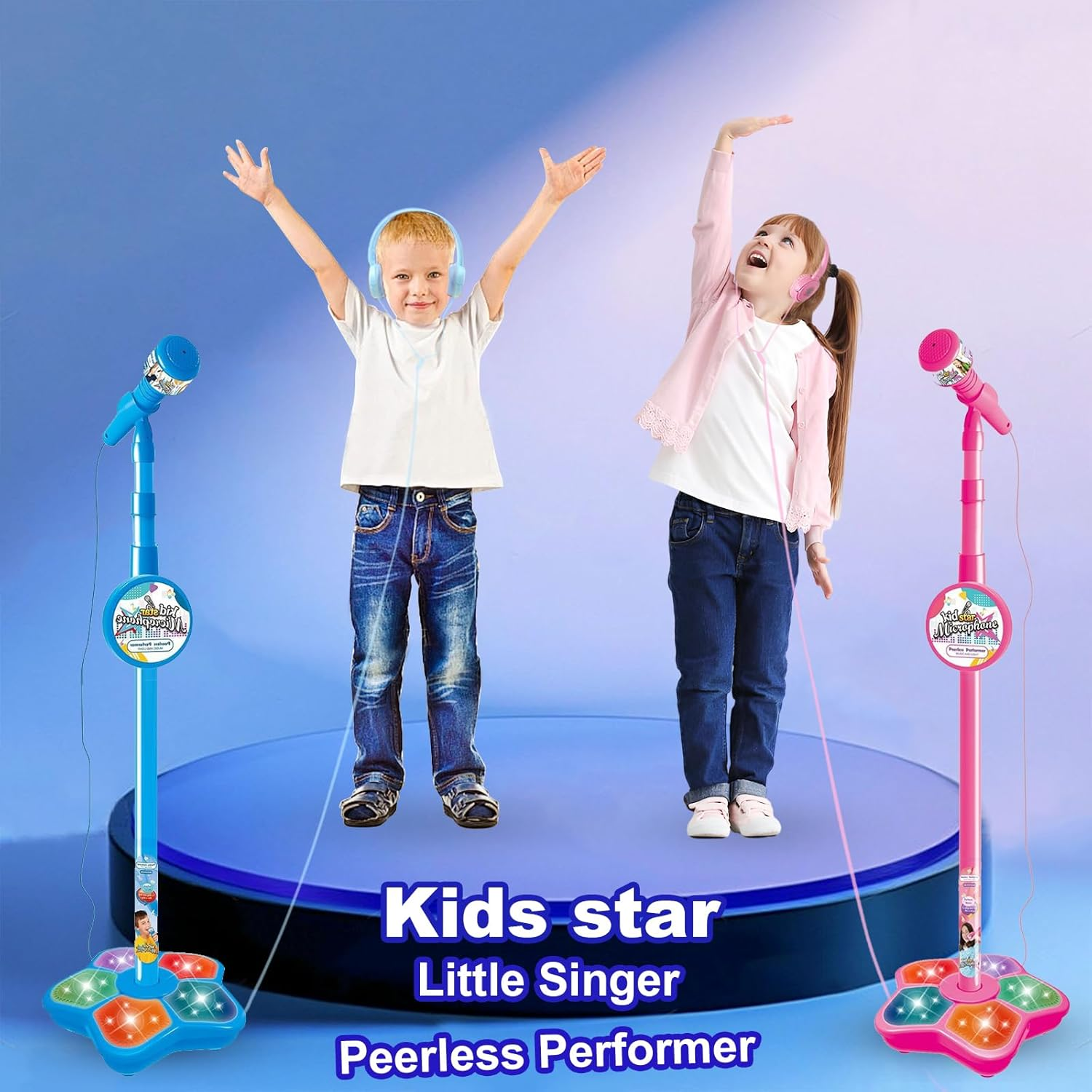 Kids Karaoke Machine with Adjustable Microphone Stand for Kids Standing Mic for Portable Singing Retractable Headset for Music & Sing-Along Flashing Stage Light Base for Aged 3-6 Boys Girls (Pink) - Pink image number 2
