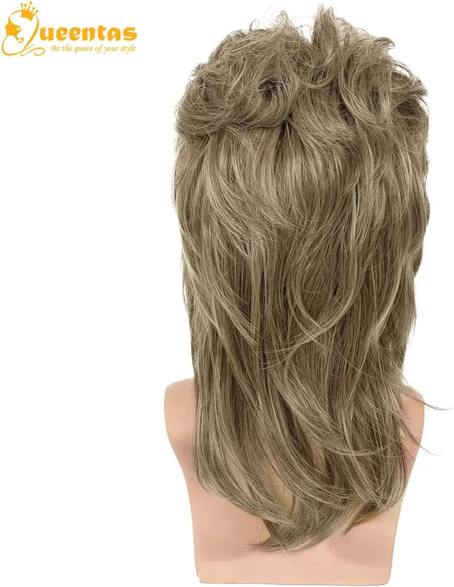 QUEENTAS Dirty Blonde Mullet Wigs for Men 13 Inch Heat Resistant Synthetic Curly Hair for 80S Costumes Fancy Party Accessory Cosplay image number 4