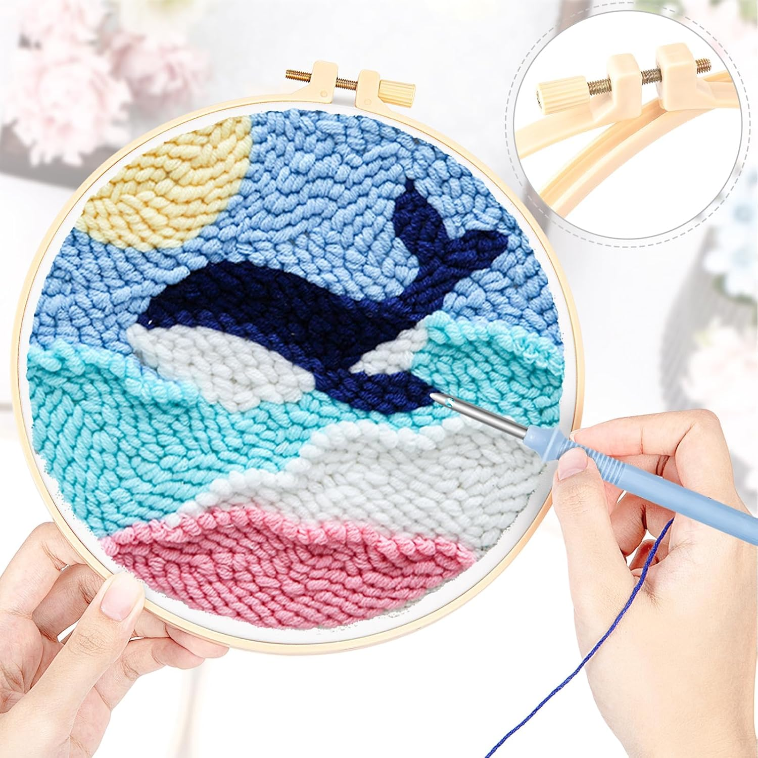 Punch Needle Kit with Whale Pattern Needle Punch Starter Kits for Beginners Handcraft DIY Embroidery Kit DIY Punch Craft for Kids Adults Craft Punch Hoop Kits With image number 1