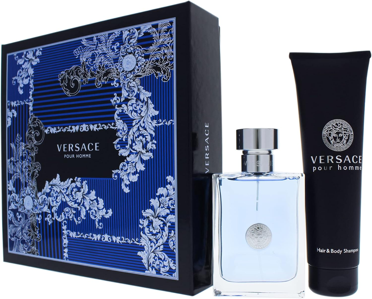 Versace Pour Homme Eau De Toilette Spray and Hair and Body Shampoo Gift Set for Men, Aquatic, 2 Ml