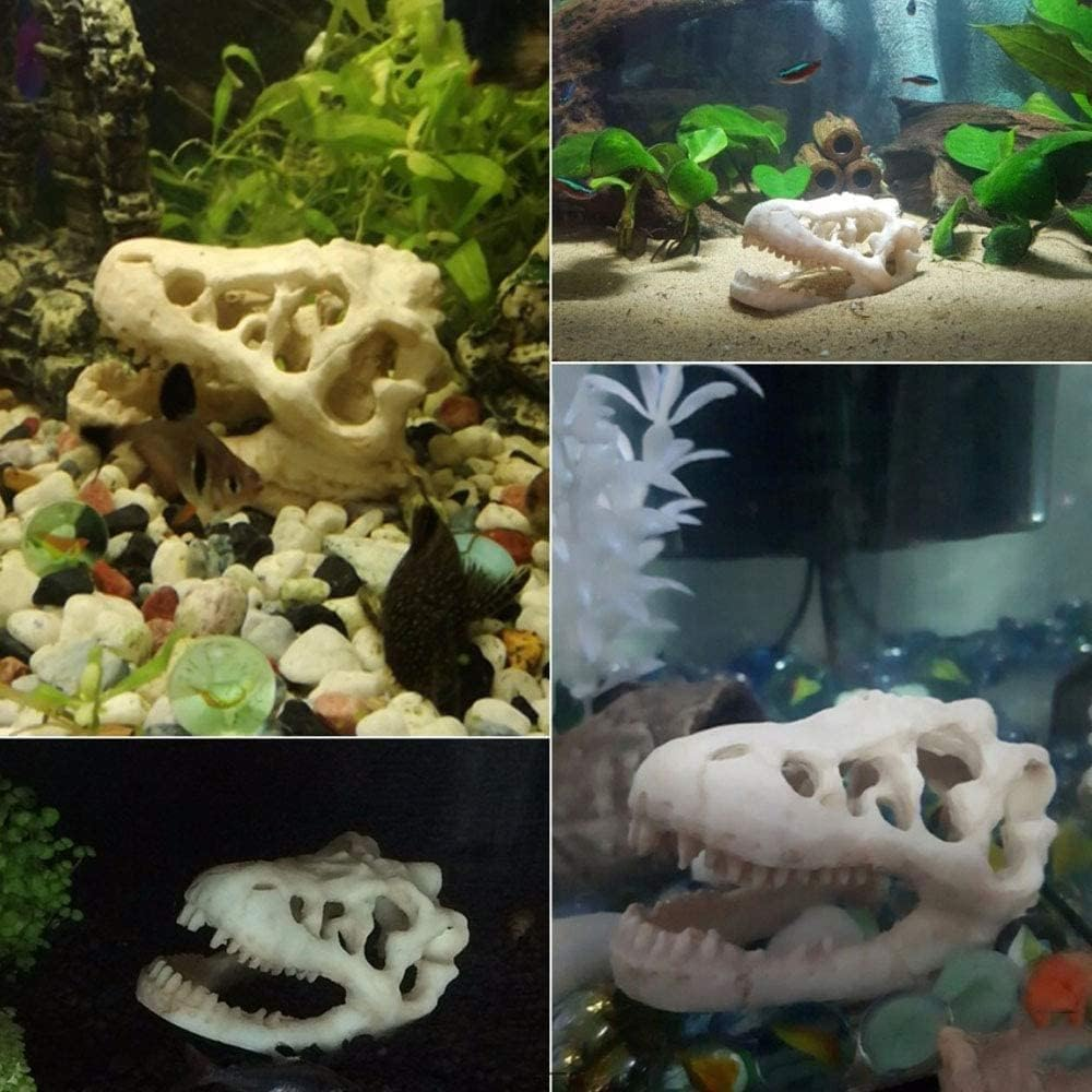 NUZAMAS Dinosaur Skull Skeleton Ornament Resin Artificial Dinosaur Skull Shape Fish Tank Ornament Cave Decoration Hiding Climbing Shelter for Fish Tortoise image number 4