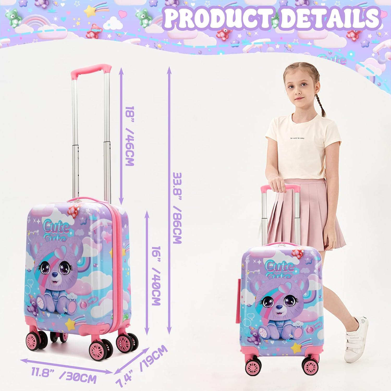 Homskiii Kid'S Luggage Set 5 Piece Suitcase Set 16" Hardside Luggage with Spinner Wheels Girls Boys Carry on Rolling Suitcase, a Bear, 16Inch - A Cat image number 5