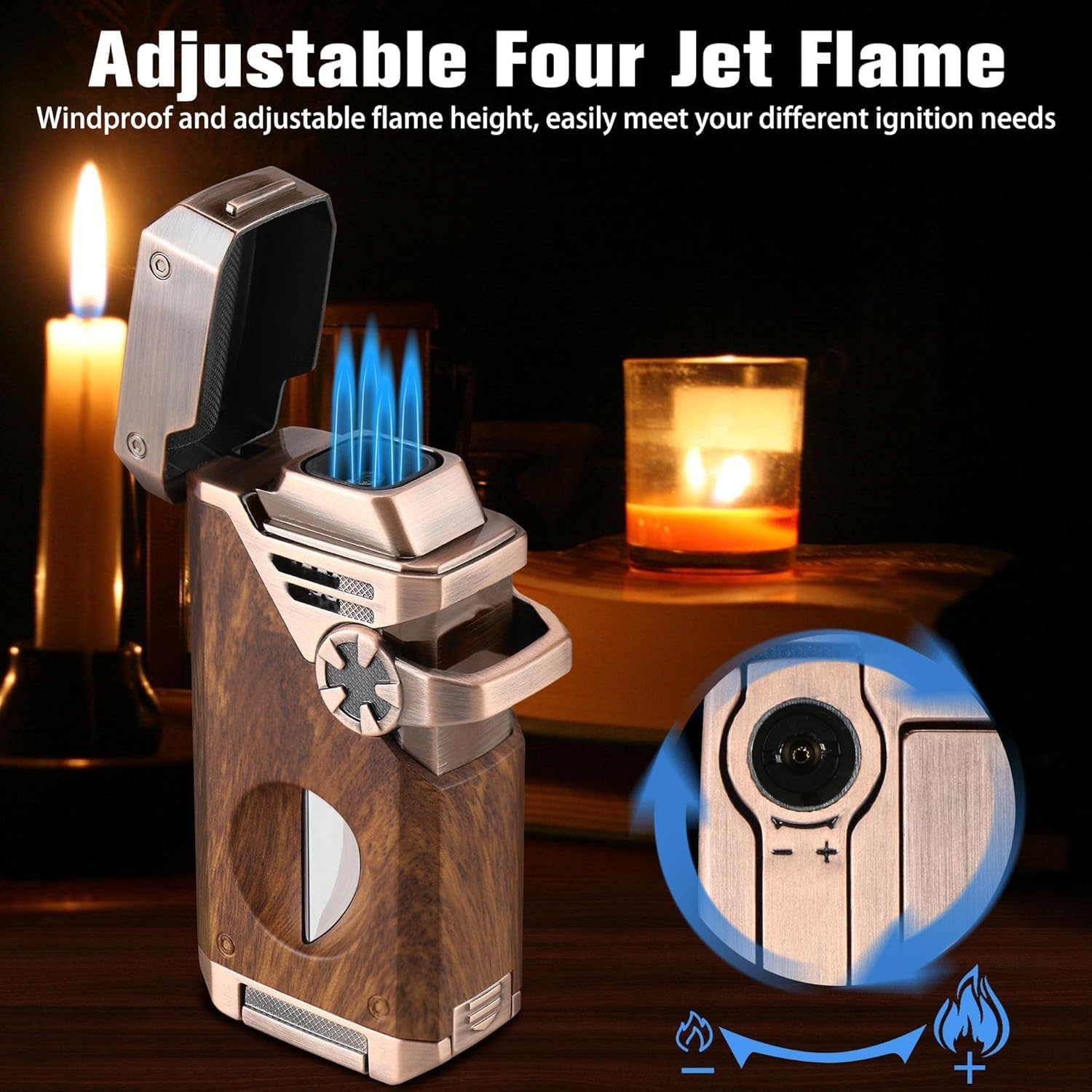 5-In-1 Torch Lighter with V Cutter, Punch, Holder, Nubber, Adjustable Windproof 4 Jet Flame, Multi-Functional Lighter Accessories,Butane Refillable Lighter for Travel, Outdoors (Brown) image number 4