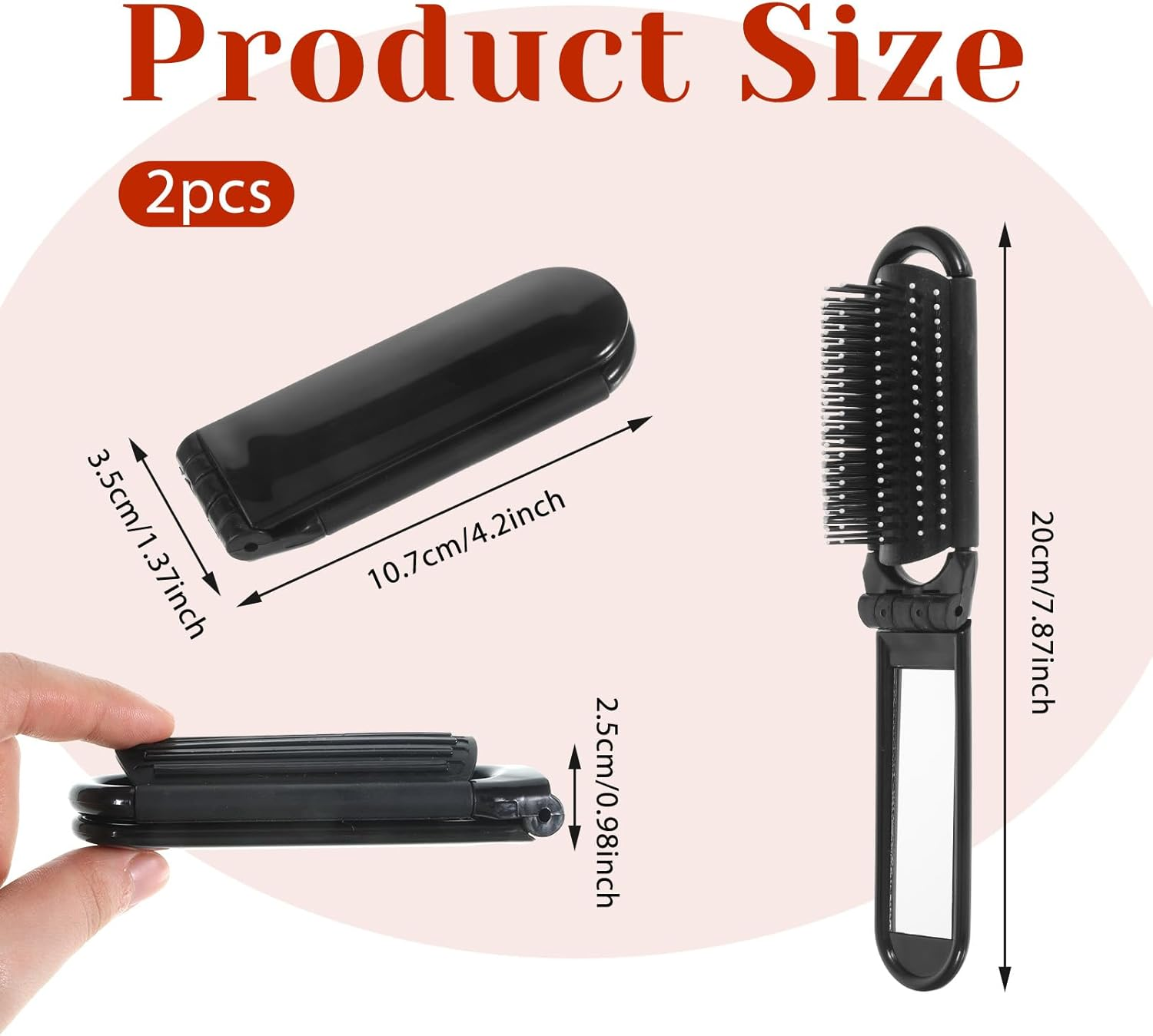 Folding Hair Brush with Mirror, 2 Pcs Portable Travel Brush for Women Pocket Size Anti-Static Mini Hairbrush Compact Massage Comb Hair Styling Tools for Women Girls Home Travel Gym Purse (Black) image number 6