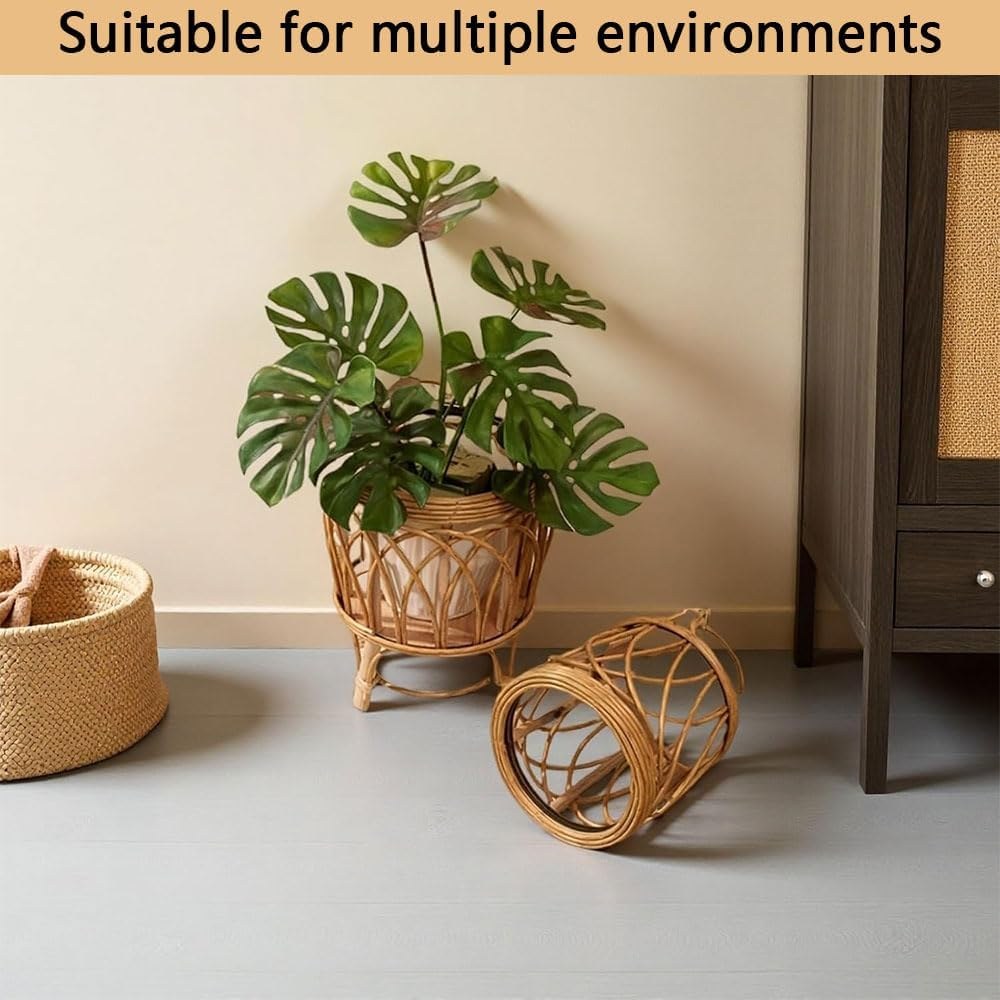 Handwoven Rattan Plant Stand, Boho Indoor Flower Pot Holder Basket, Wooden Floorstanding Planter Rack for Living Room, Balcony, Patio, Home Gardening & Decorative Displays image number 3