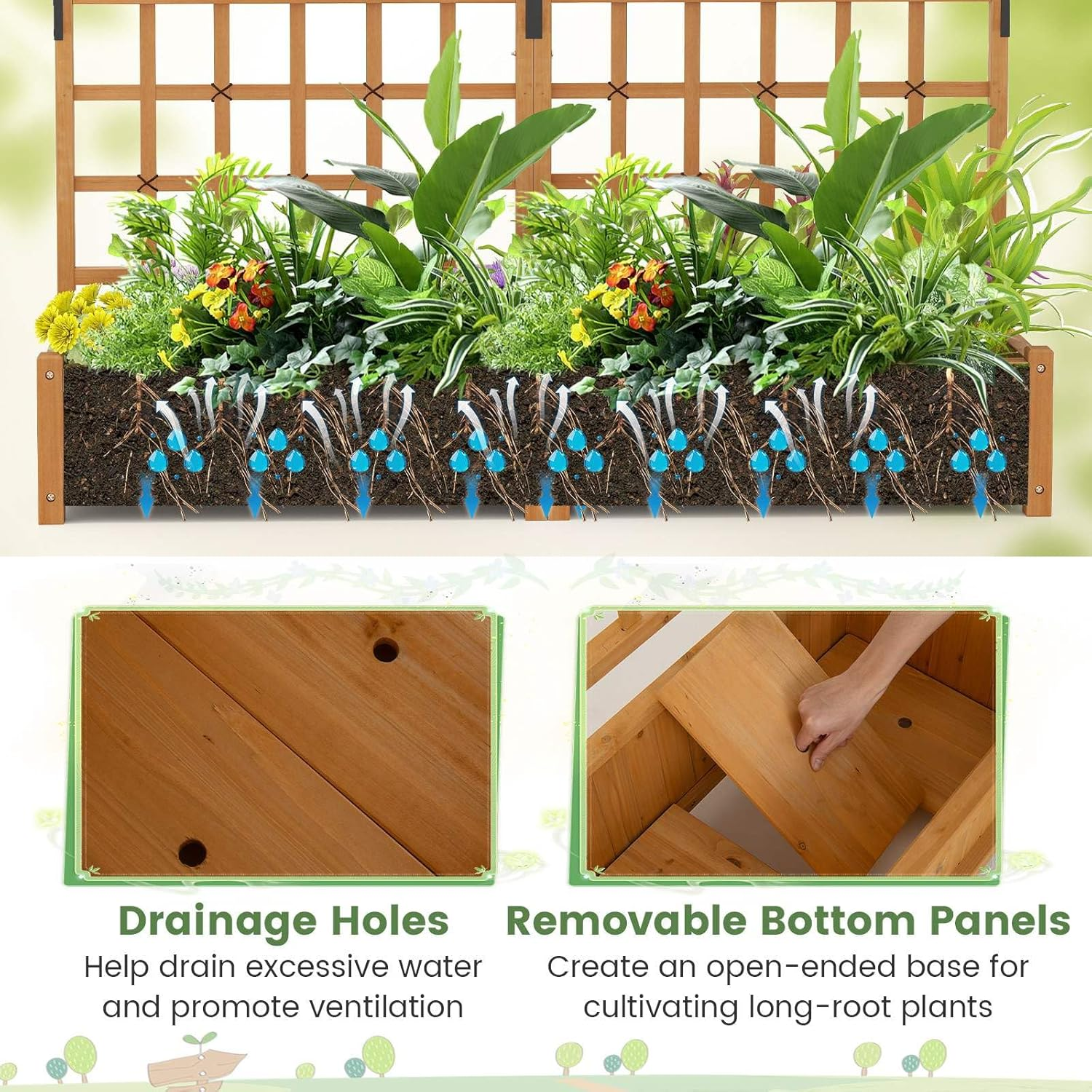 Costway 183 CM Tall Large Raised Garden Bed W/Lattice Trellis, Hanging Roof, Drainage Holes, Elevated Wooden Planter Box for Vine Climbing Plant Flower Herb Vegetable, Indoor Outdoor Patio Balcony