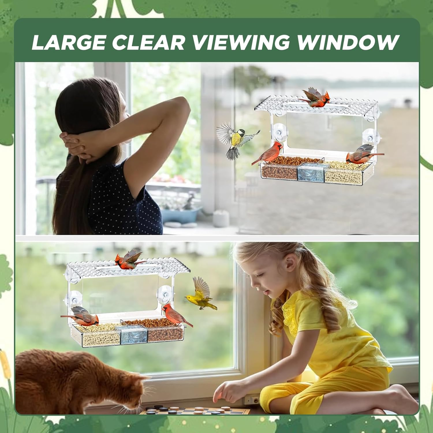SUSOO Window Bird Feeder for Outdoors with 3 Large Capacity Detachable Seed & Water Tray, Acrylic Clear Bird Feeder with Suction Cups for Watching Wild Birds, Hummingbirds, Finches in Garden, Yard image number 4