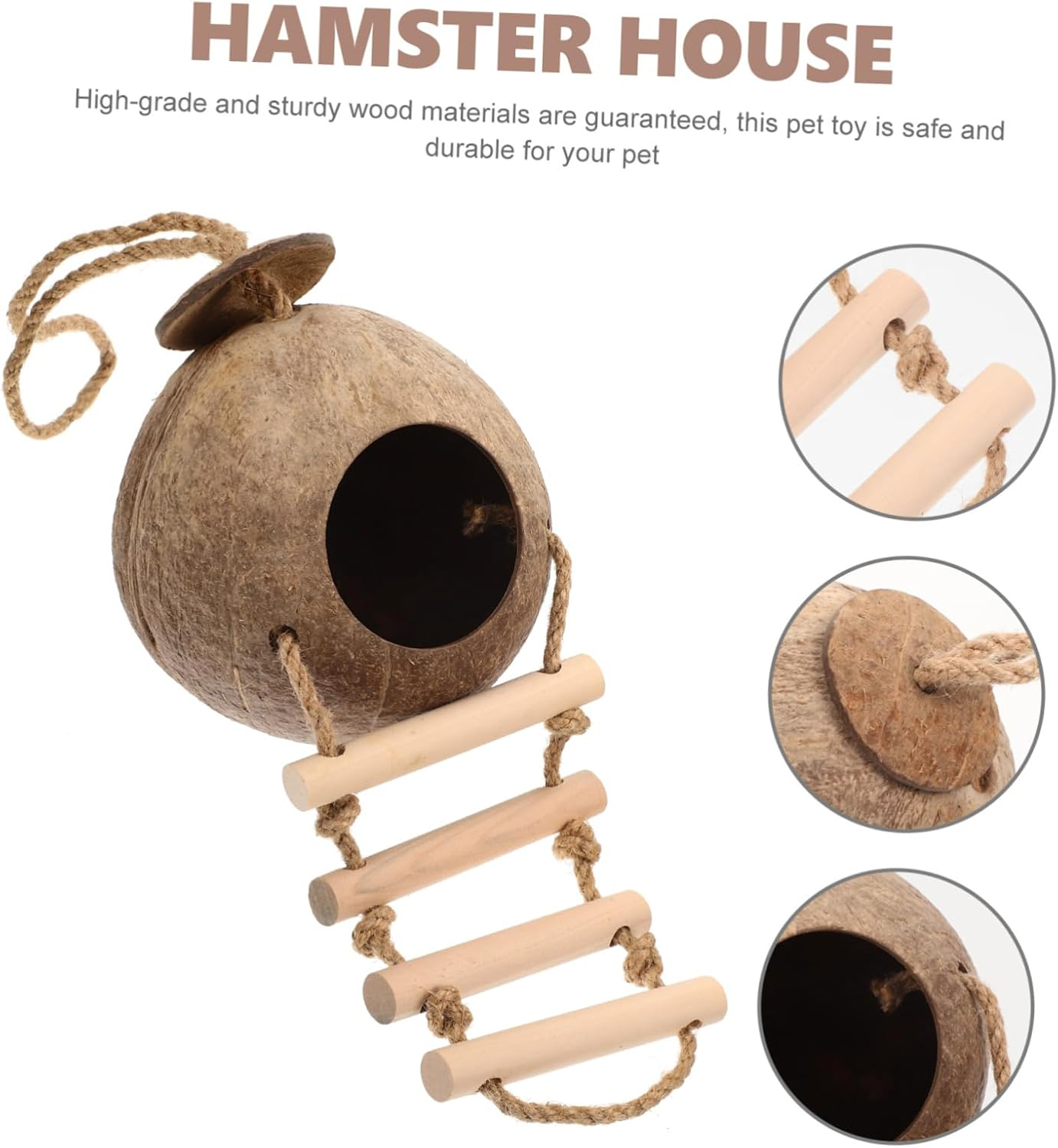 DOITOOL Wood Pet Hideout with Ladder Design, Coconut Shell Hanging Nest Toy for Hamsters and Small Animals, Bite-Resistant Climbing Habitat D&eacute;cor for Cage Playground