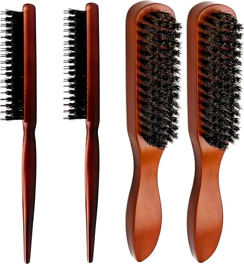 LTUANJUN Boar Bristle Hair Brush Set, 4 Pcs Boar Bristle Brush Slick Back Teasing Bristle Hair Brushes, Wooden Handle Bristle Slick Back Teasing Boar Bristle Sleek Styling Hair Brushes image number 4
