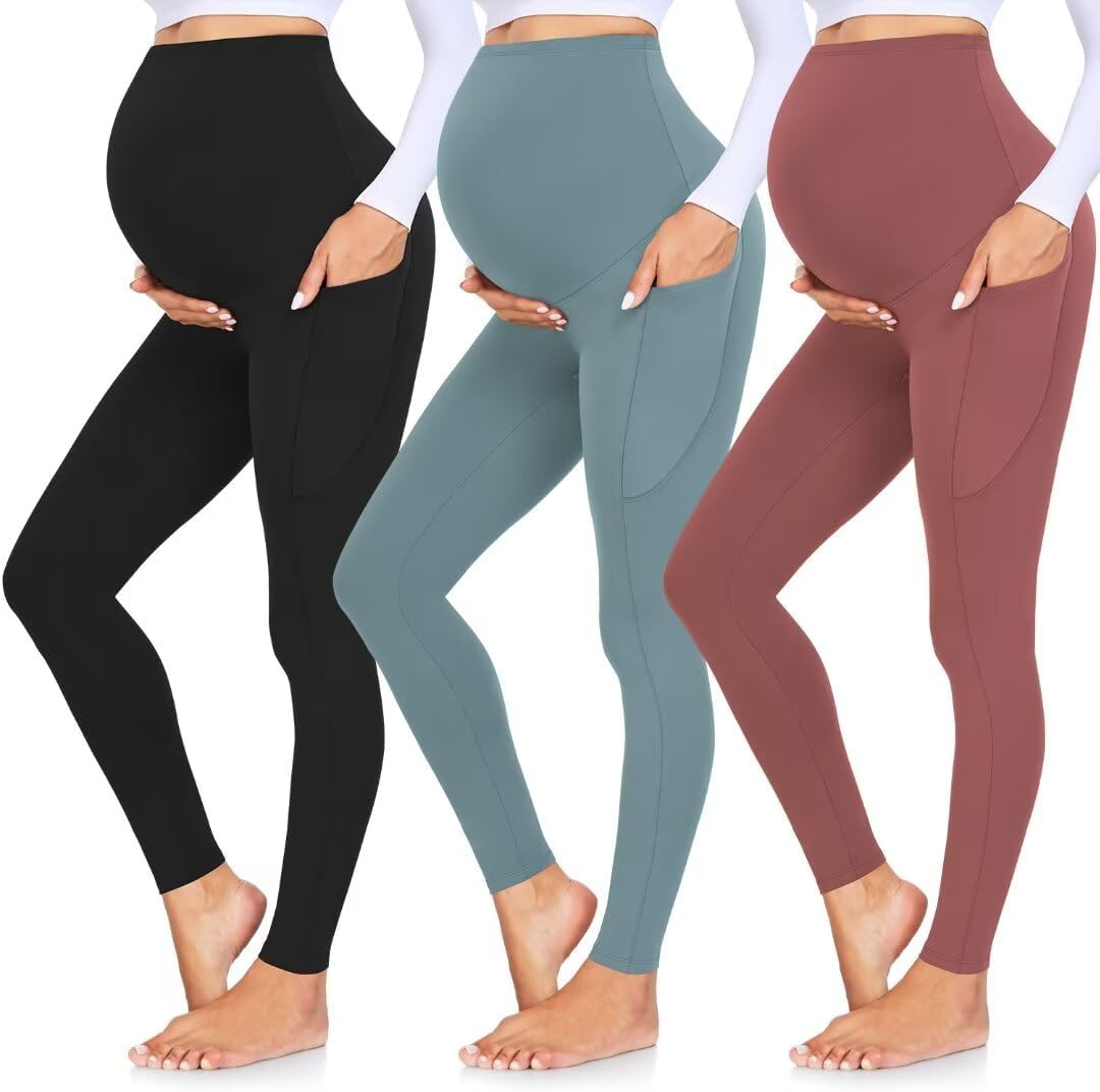 GROTEEN 3 Pack Women'S Maternity Leggings over the Belly with Pockets Super Soft Workout Pregnancy Yoga Pants