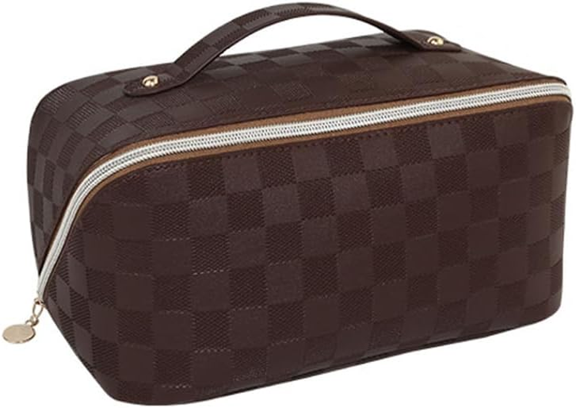 Cosmetic Pouch Travel Pouch Bag, Travel Makeup Bag Zipper Pouch, PU Leather Makeup Organizer Toiletry Bags - Brown