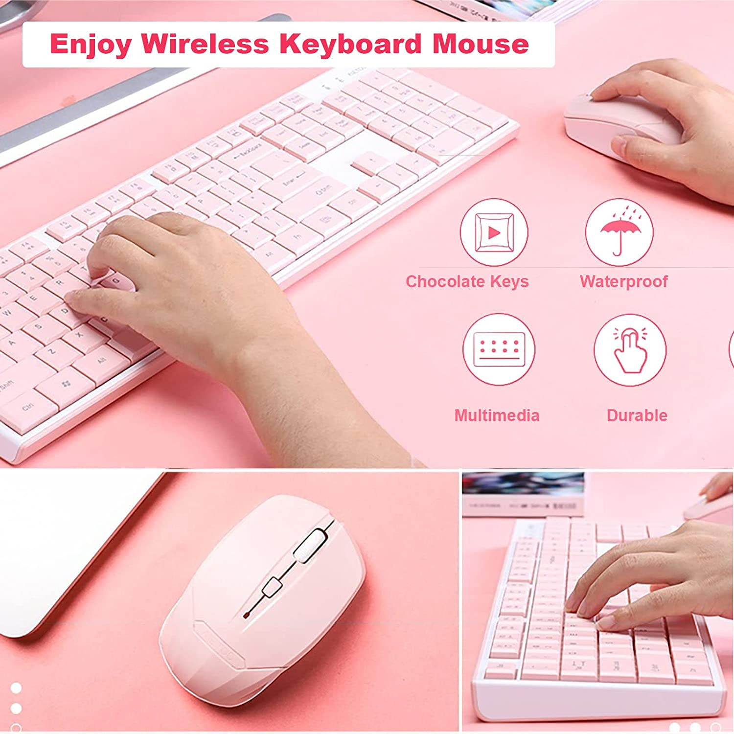 Wireless Keyboard Mouse Combo, Full Sized 2.4G Cordless Keyboard with Silent Chocolate Keys Multimedia, Ultra-Thin Cute Keyboard and 1600Dpi Mouse Set for Computer PC Laptop (Pink) - Green image number 3