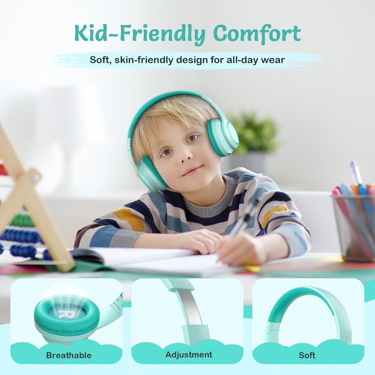 Active Noise Cancelling Headphones for Kids, 60H Playtime, Wireless Bluetooth Over-Ear Blue Headset Built-In Microphone for Home/School/Travel/Party - Includes Portable Case (Green) - Blue image number 2
