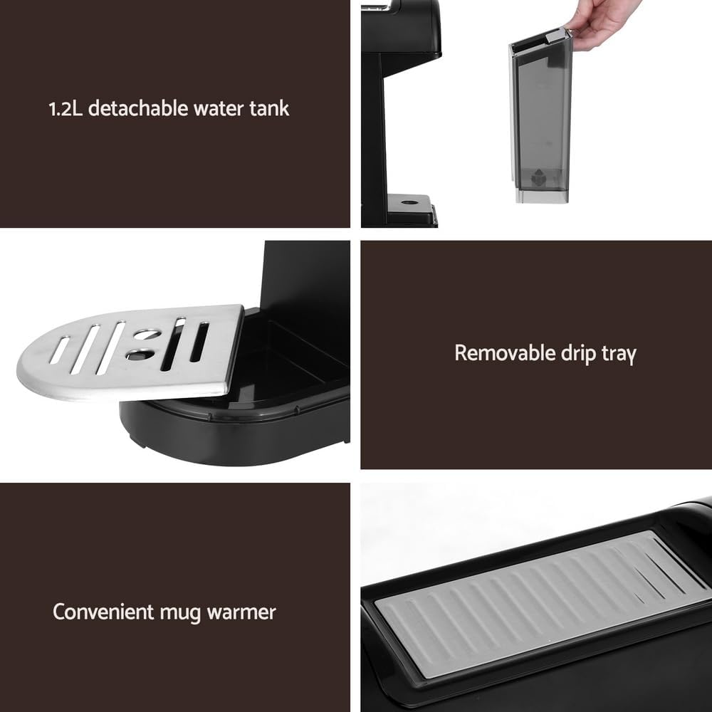 Devanti Coffee Machine, 20 Bar Barista Express Espresso Maker Pod Cafe Cup Latte Cappuccino Milk Frother Machines, with Powerful Pressure Pump Removable Drip Tray and Water Tank, Black image number 6